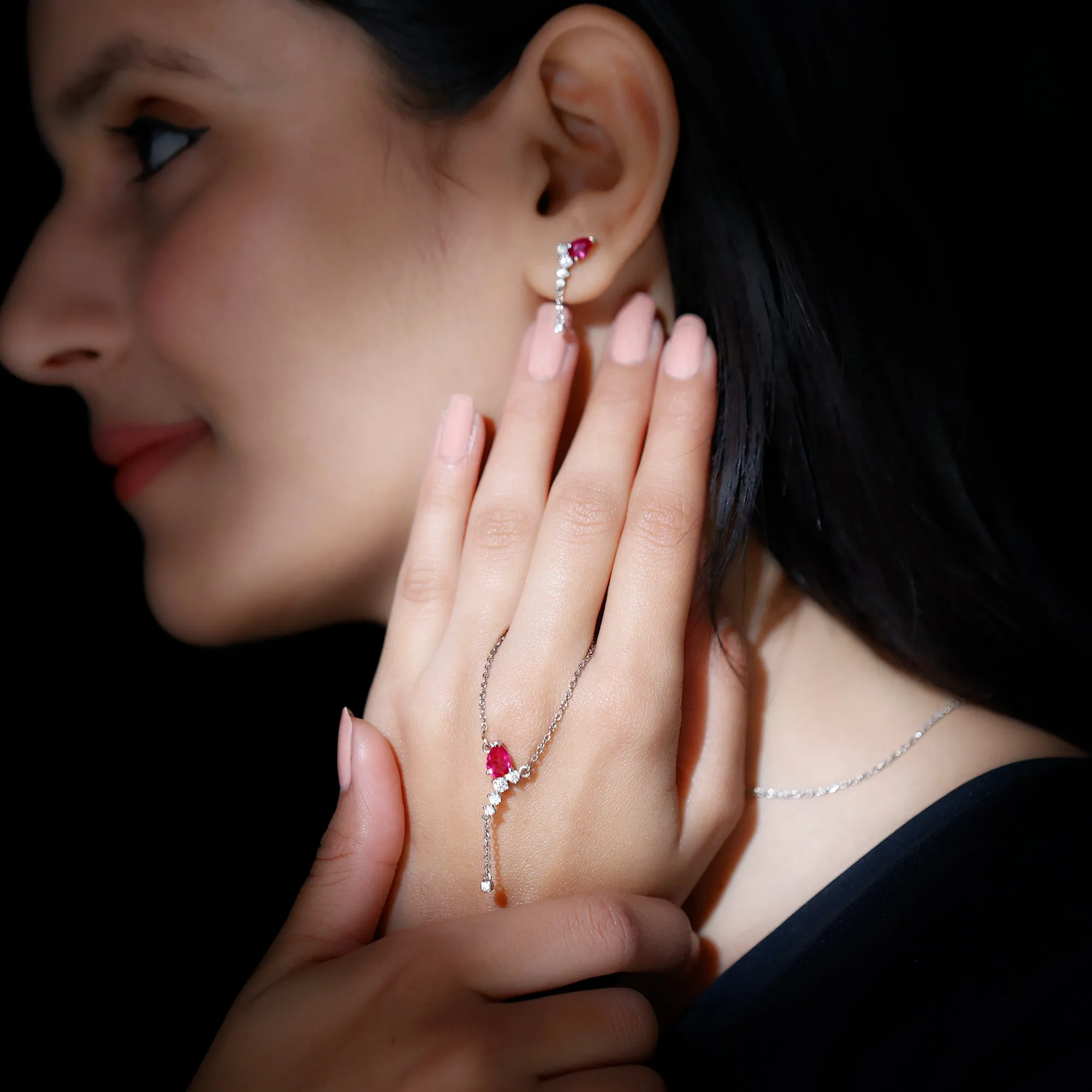 Minimal Created Ruby Dangle Necklace and Earrings Set in Gold with Moissanite