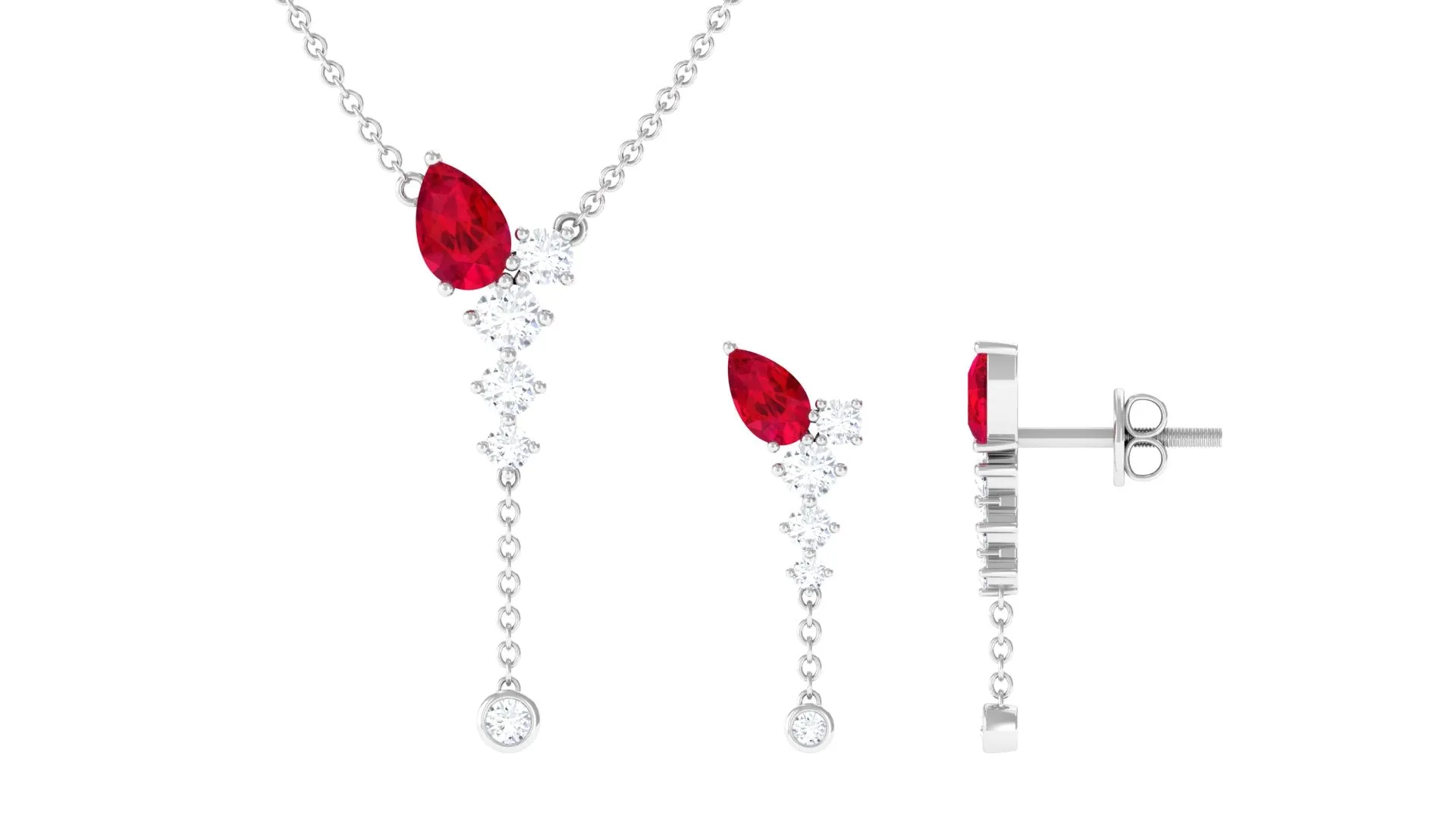 Minimal Created Ruby Dangle Necklace and Earrings Set in Gold with Moissanite