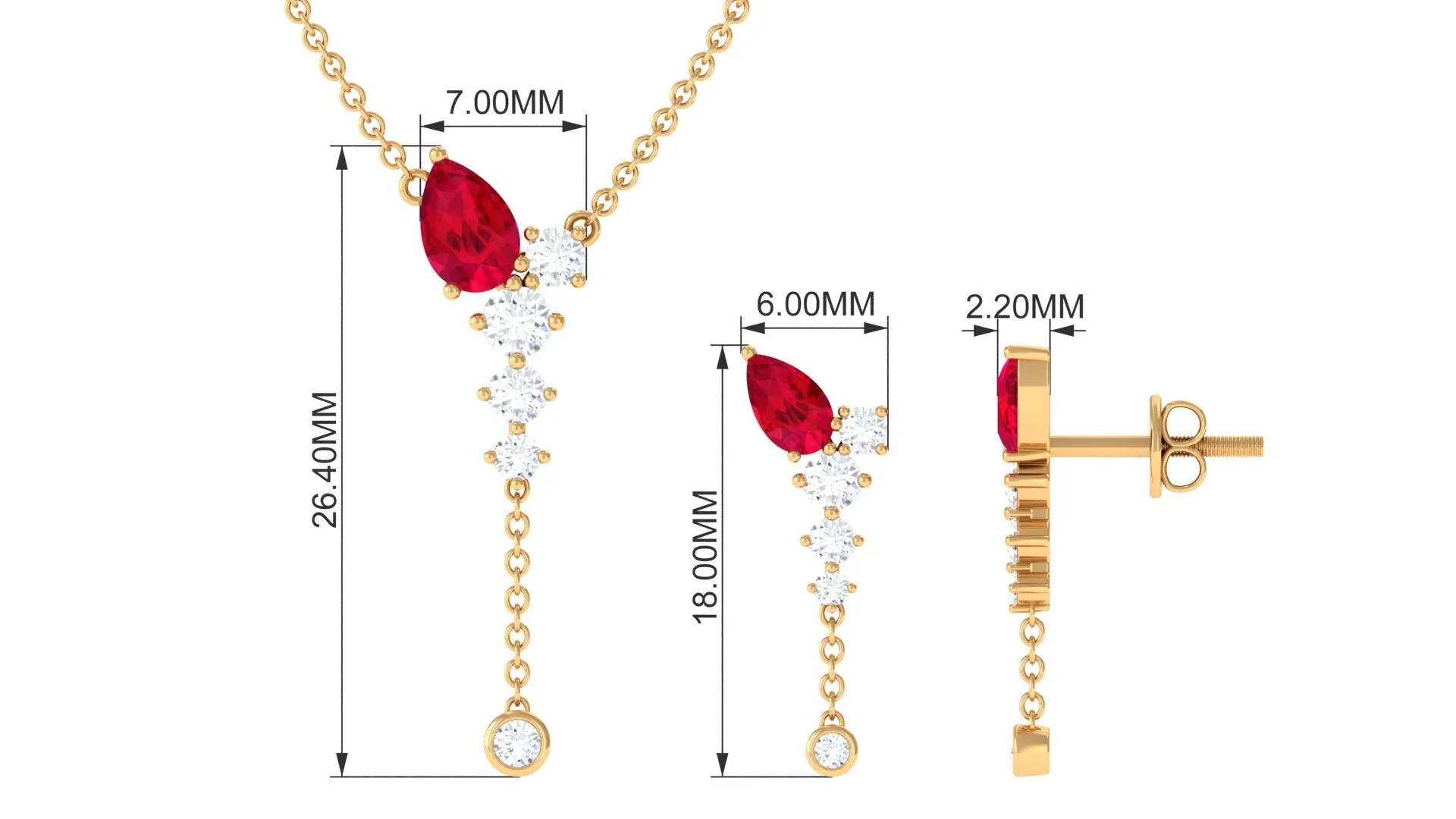 Minimal Created Ruby Dangle Necklace and Earrings Set in Gold with Moissanite