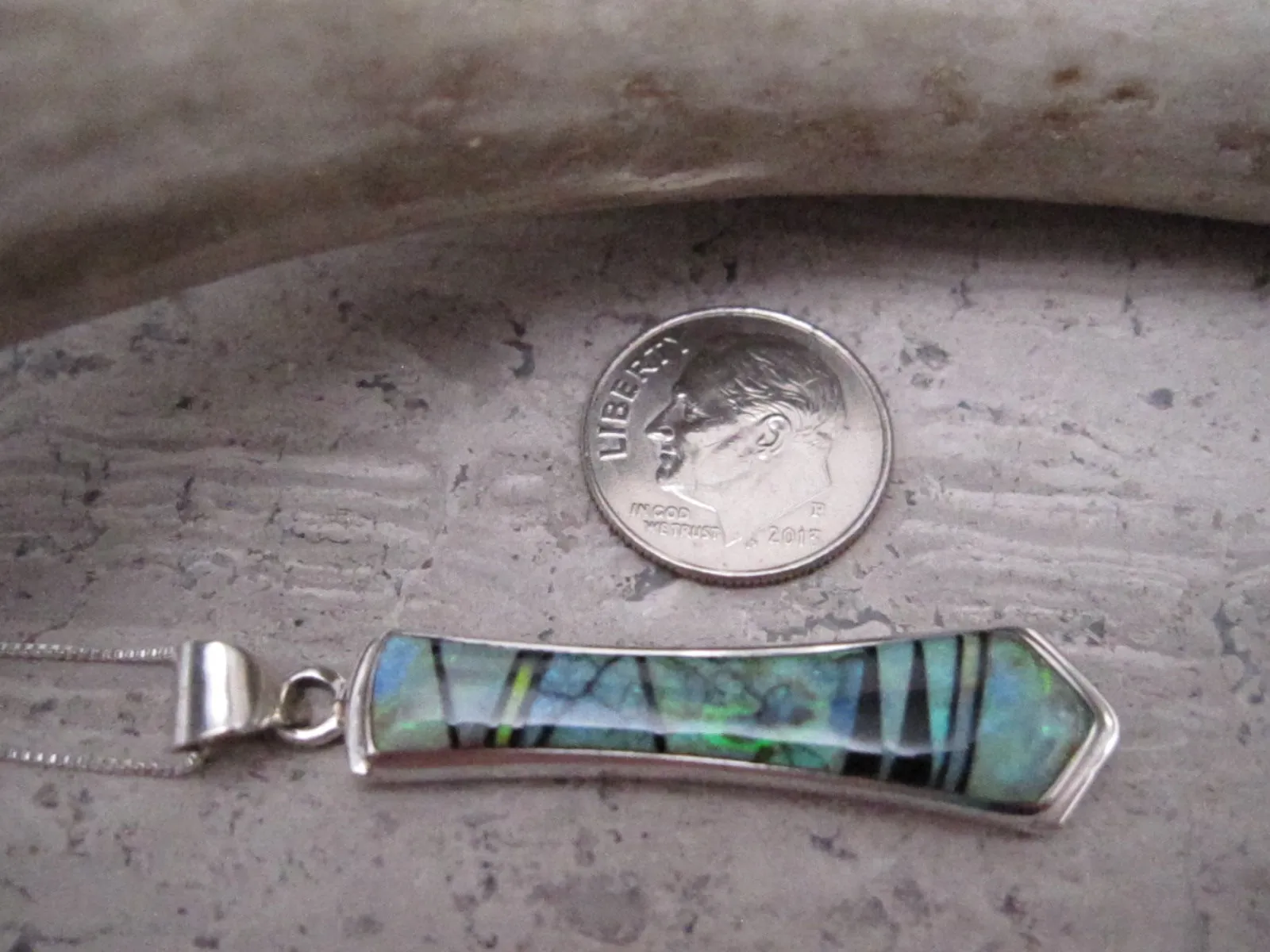 Native American Made Inlay Opal Black Jet and Sterling Silver Pendant with Chain