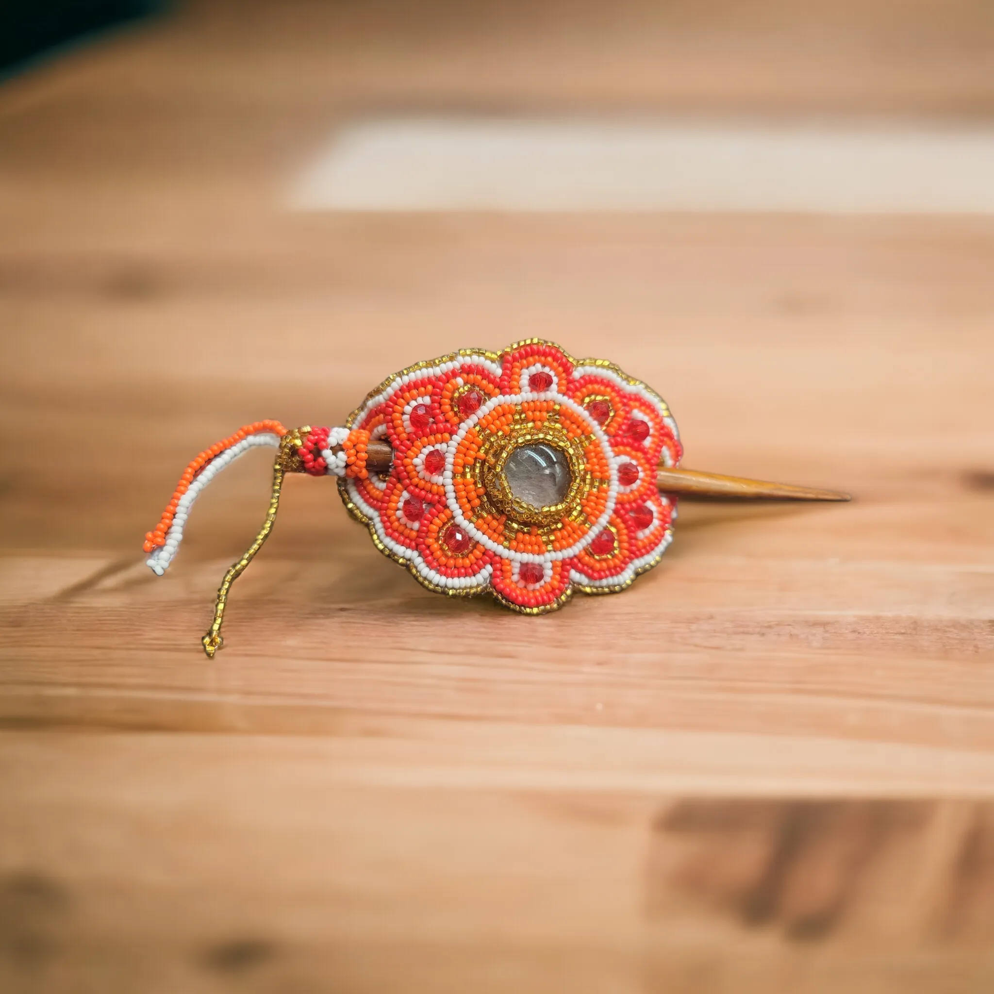 Native American Style  Barrette Orange and Red accent