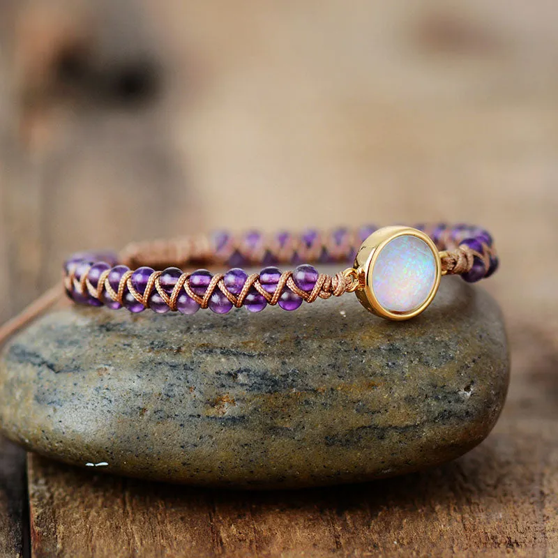 Natural Amethysts Opal Braided Bohemian Stone Wrap Bracelet