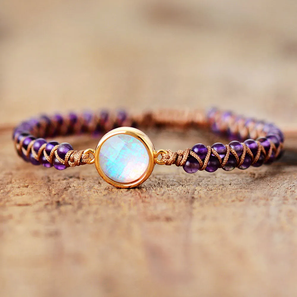 Natural Amethysts Opal Braided Bohemian Stone Wrap Bracelet