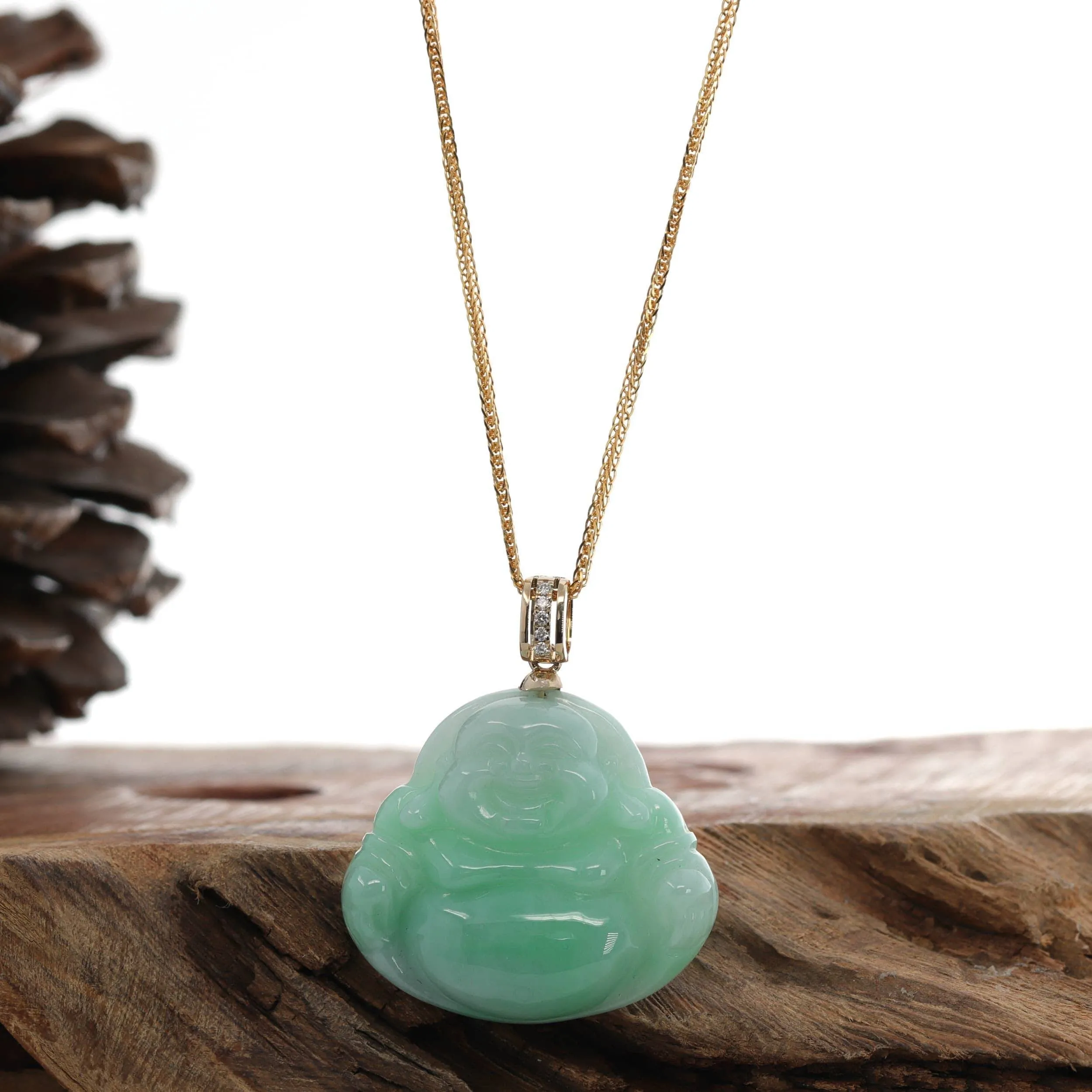 Natural Burmese Jadeite Jade "Laughing Buddha" With 14k Yellow VS1 Diamond Bail