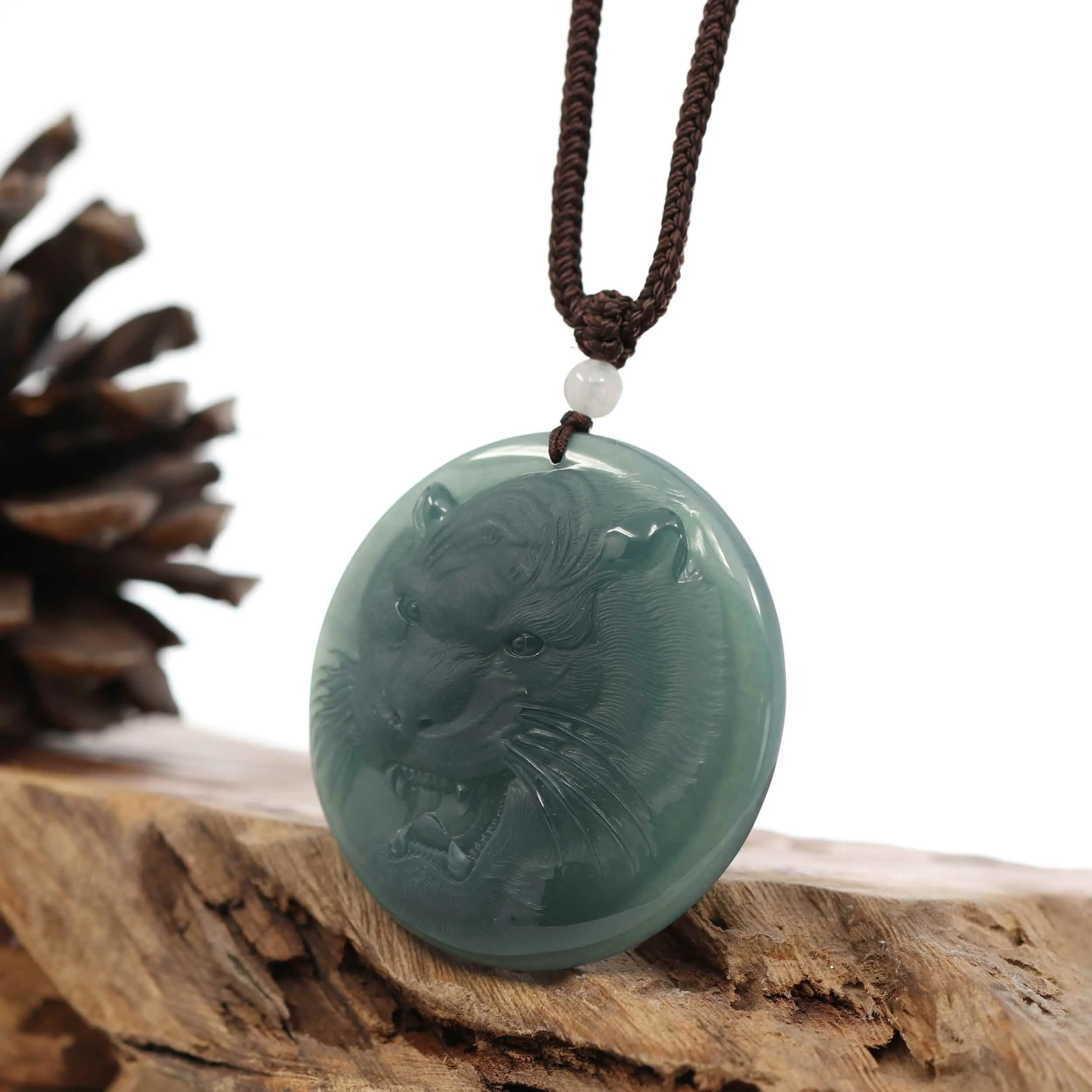 Natural Deep Blue Green Jadeite Jade "Roaring Tiger" Pendant Necklace For Men, Collectibles.