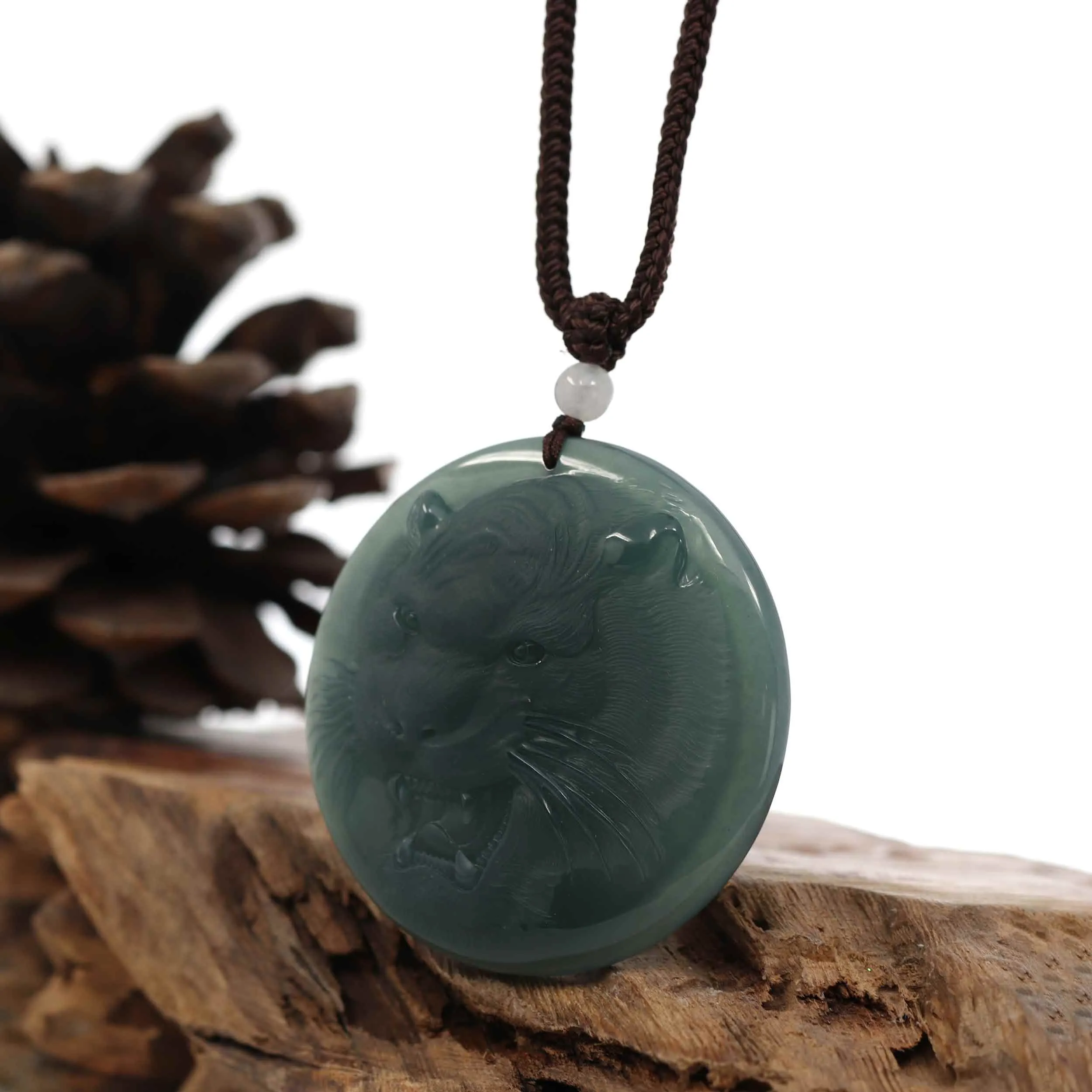 Natural Deep Blue Green Jadeite Jade "Roaring Tiger" Pendant Necklace For Men, Collectibles.