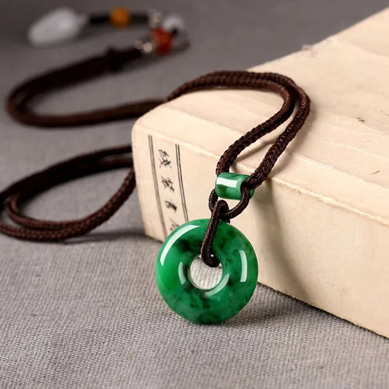 Natural Emerald Green Ice Jadeite Jade Chinese「Ping An Kou」Pendant Necklace for Women and Men