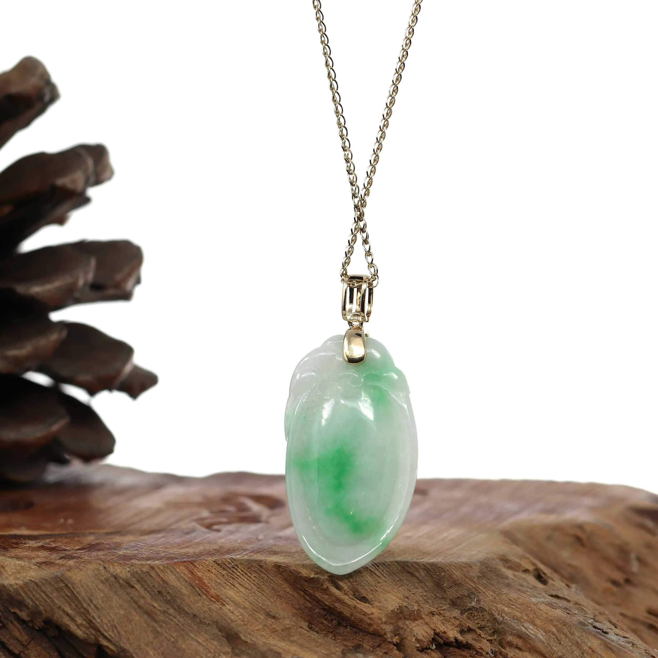 Natural Green Jadeite Jade Shou Tao (Longevity Peach) Necklace With 14k Yellow Gold Diamond Bail