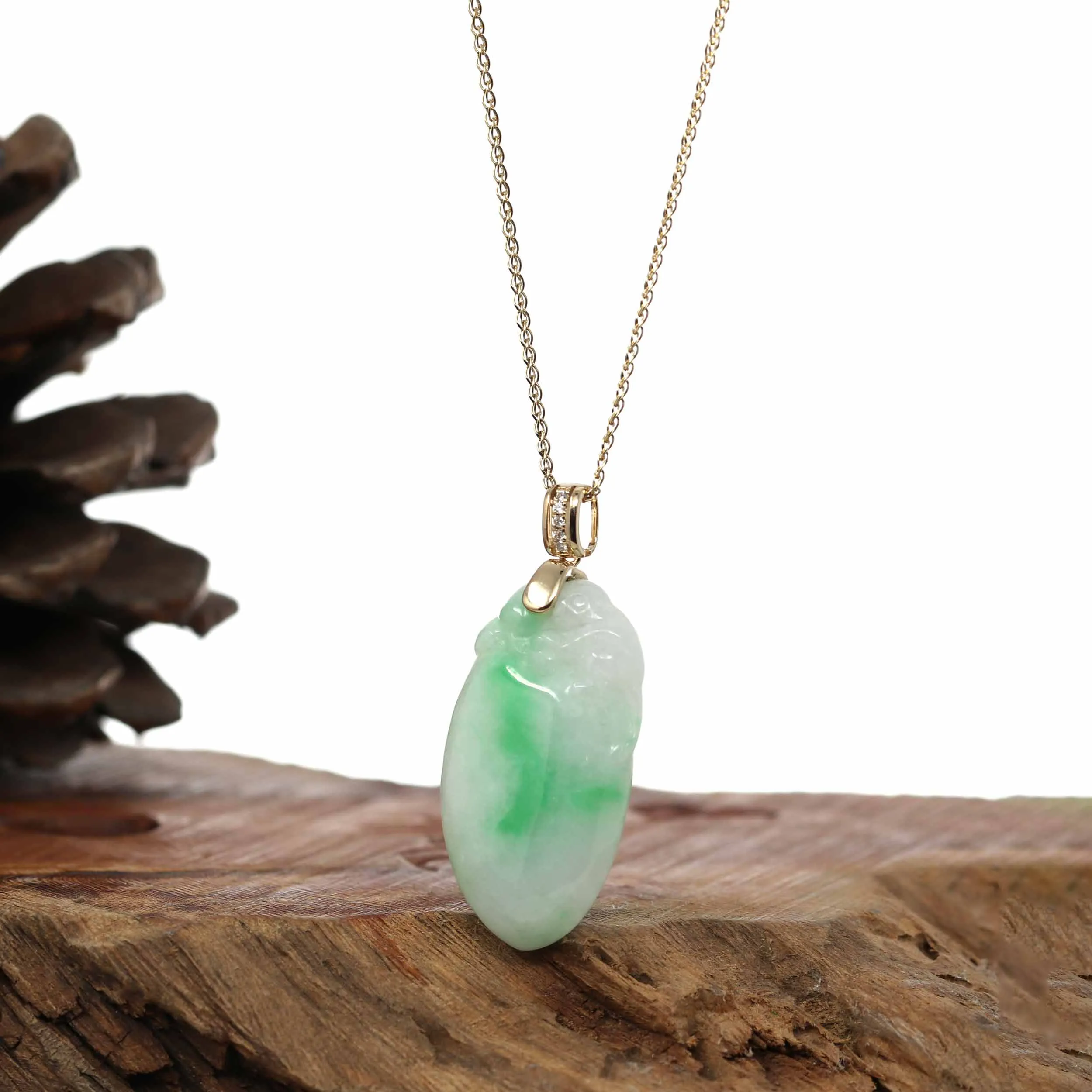 Natural Green Jadeite Jade Shou Tao (Longevity Peach) Necklace With 14k Yellow Gold Diamond Bail