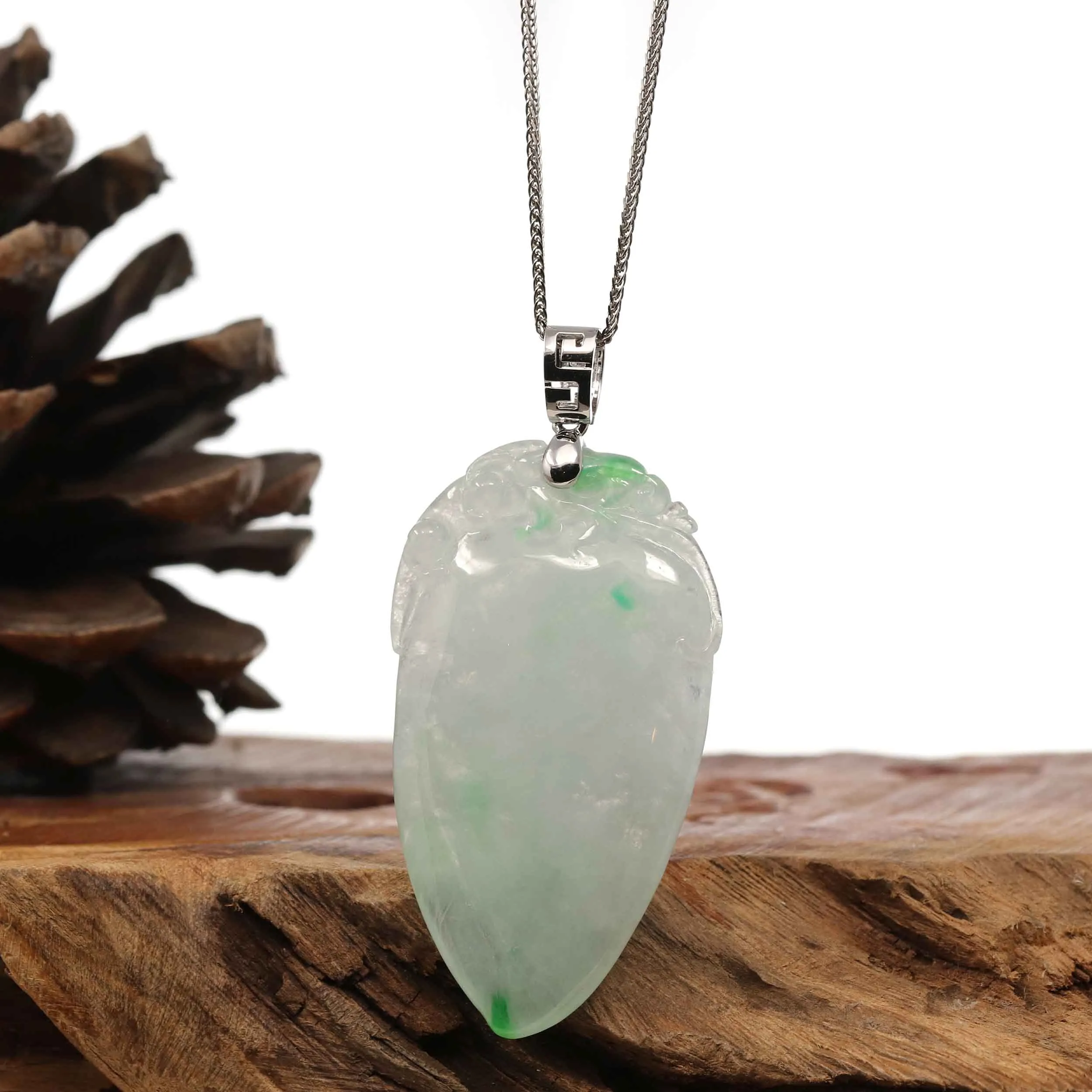 Natural Ice Green Jadeite Jade Shou Tao ( Longevity Peach ) Necklace With 14k White Gold Bail