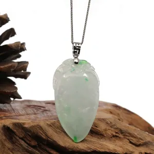 Natural Ice Green Jadeite Jade Shou Tao ( Longevity Peach ) Necklace With 14k White Gold Bail