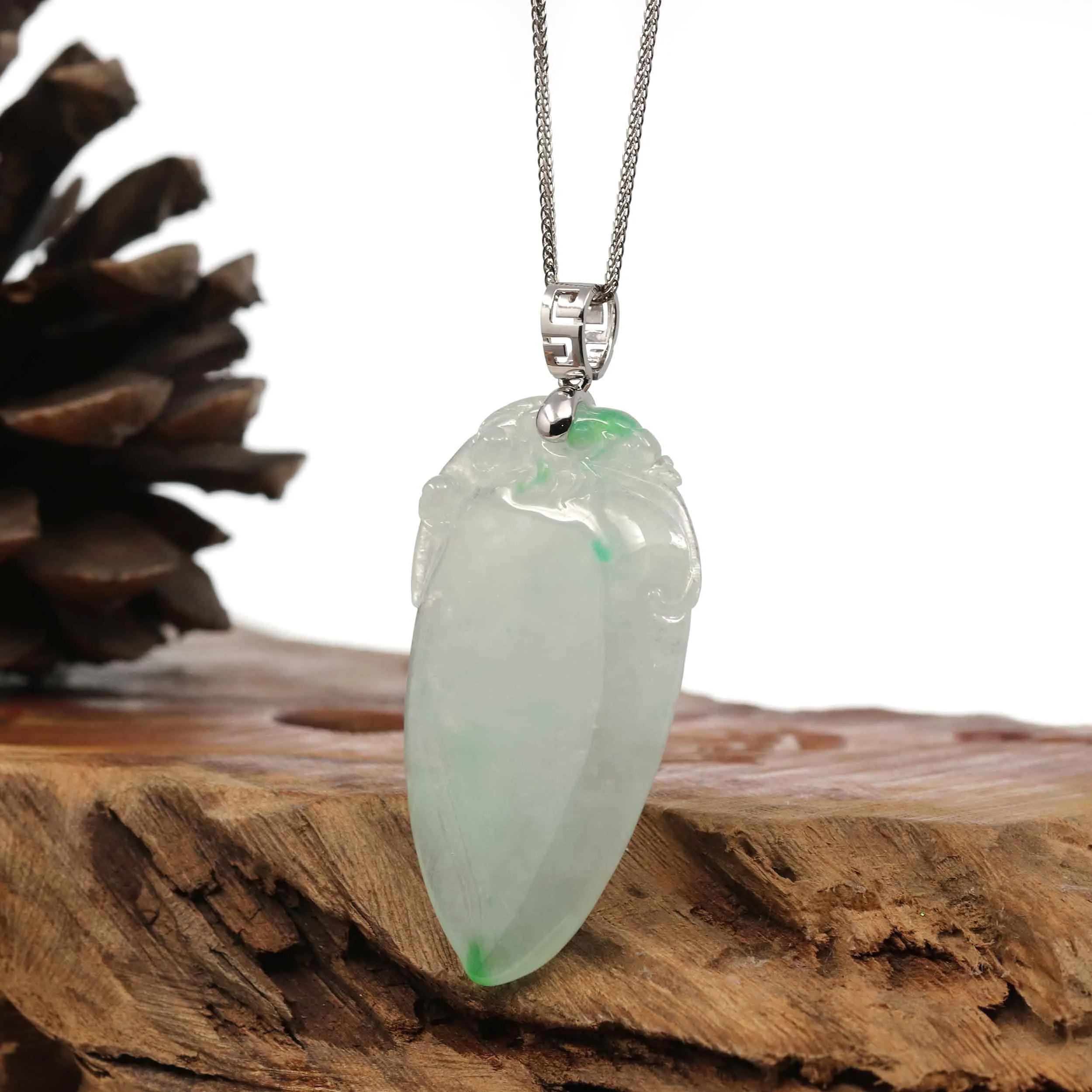 Natural Ice Green Jadeite Jade Shou Tao ( Longevity Peach ) Necklace With 14k White Gold Bail