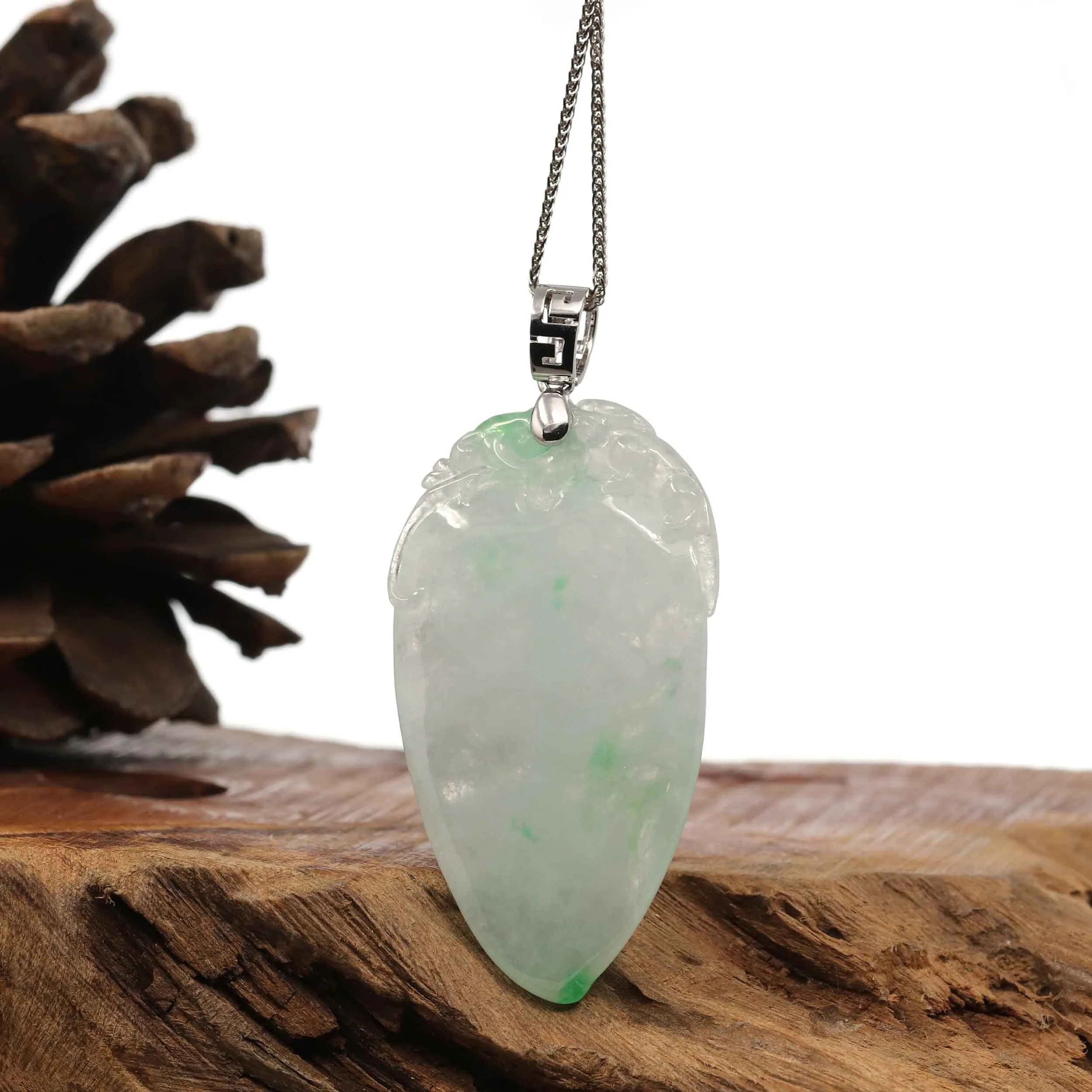 Natural Ice Green Jadeite Jade Shou Tao ( Longevity Peach ) Necklace With 14k White Gold Bail