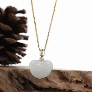 Natural Ice White Jadeite Jade Ru Yi Necklace With 14k Yellow Gold VS1 Diamond Bail