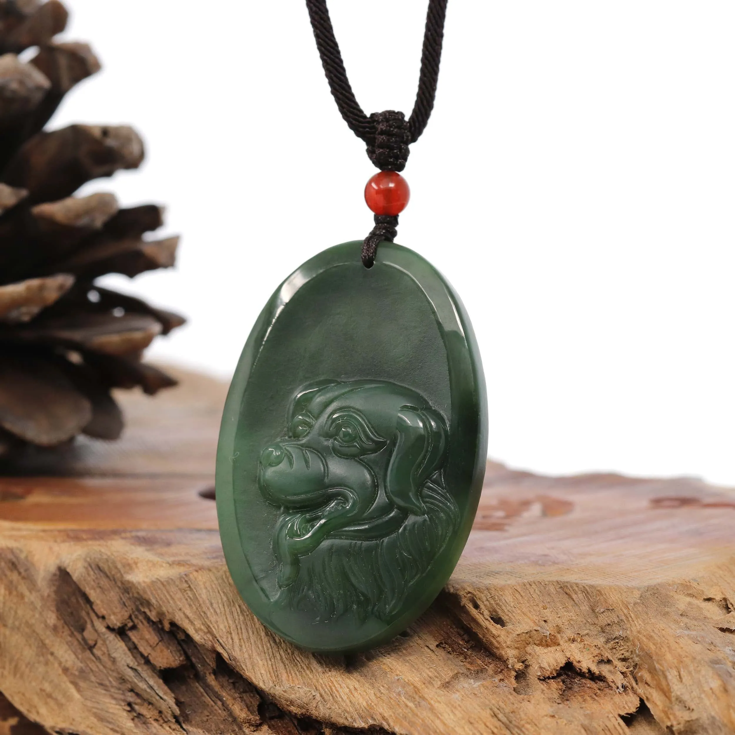 Natural Jade 12 Zodiac: Nephrite Jade Dog Pendant Necklace in Deep Green