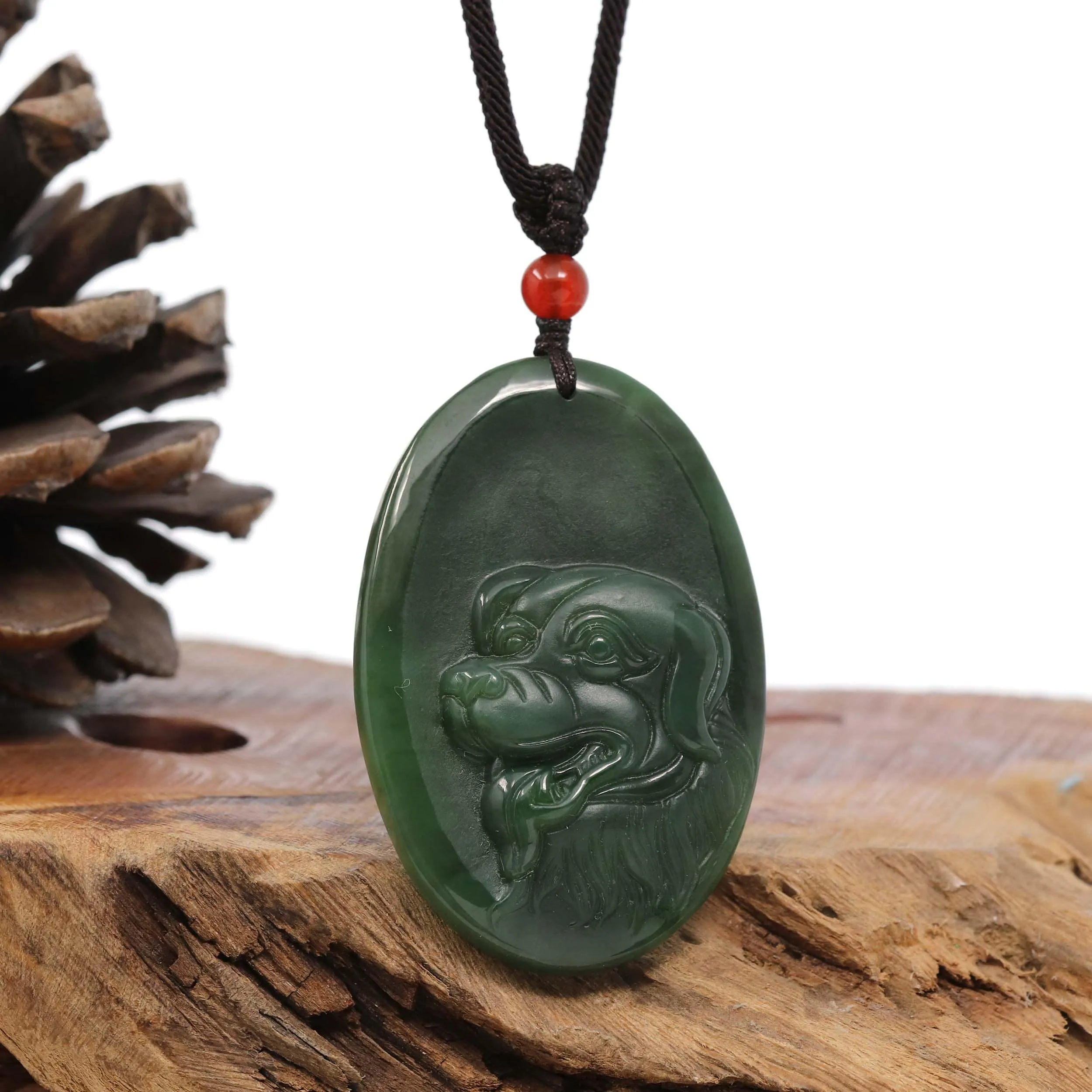 Natural Jade 12 Zodiac: Nephrite Jade Dog Pendant Necklace in Deep Green