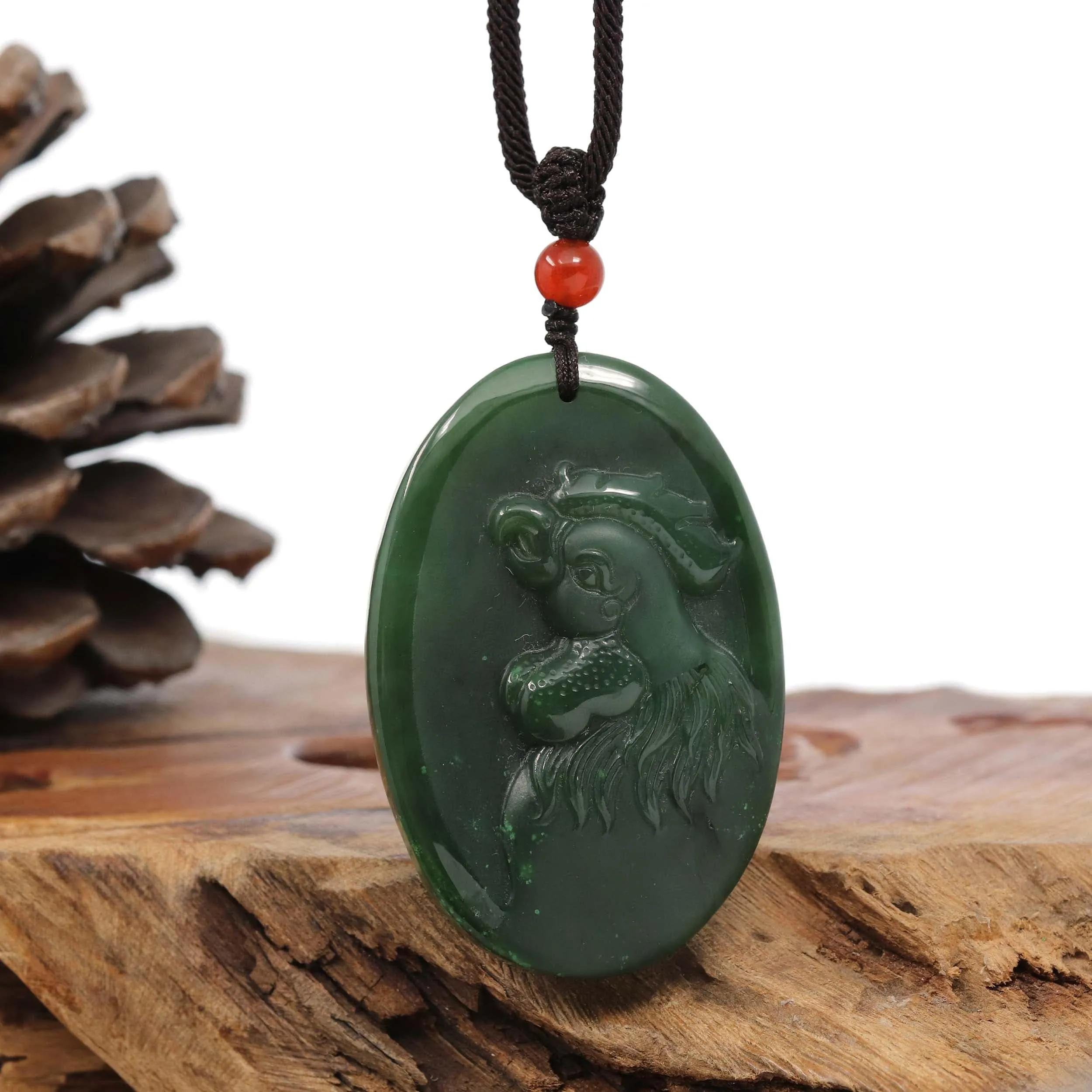 Natural Jade 12 Zodiac: Nephrite Jade Rooster Pendant Necklace in Deep Green