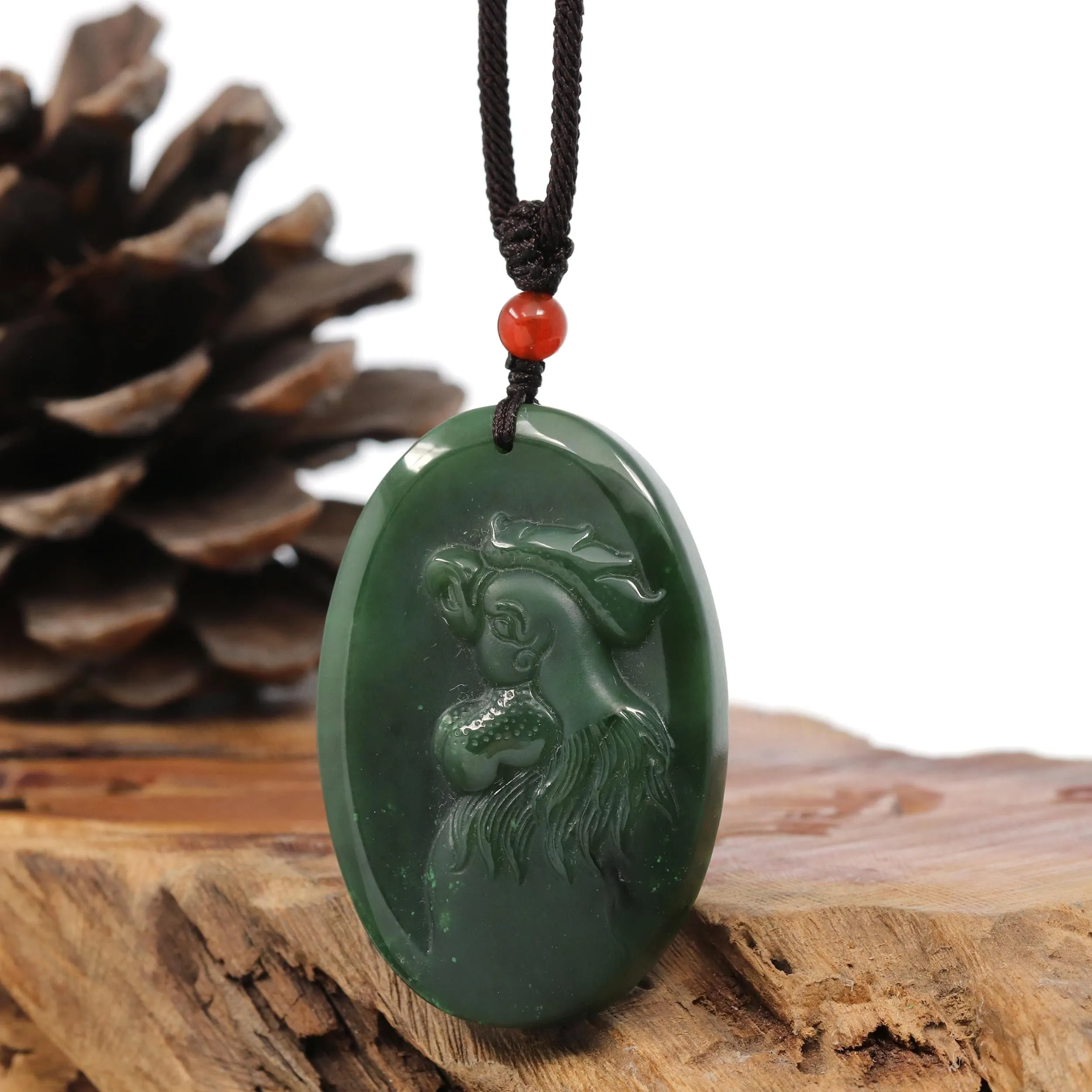 Natural Jade 12 Zodiac: Nephrite Jade Rooster Pendant Necklace in Deep Green