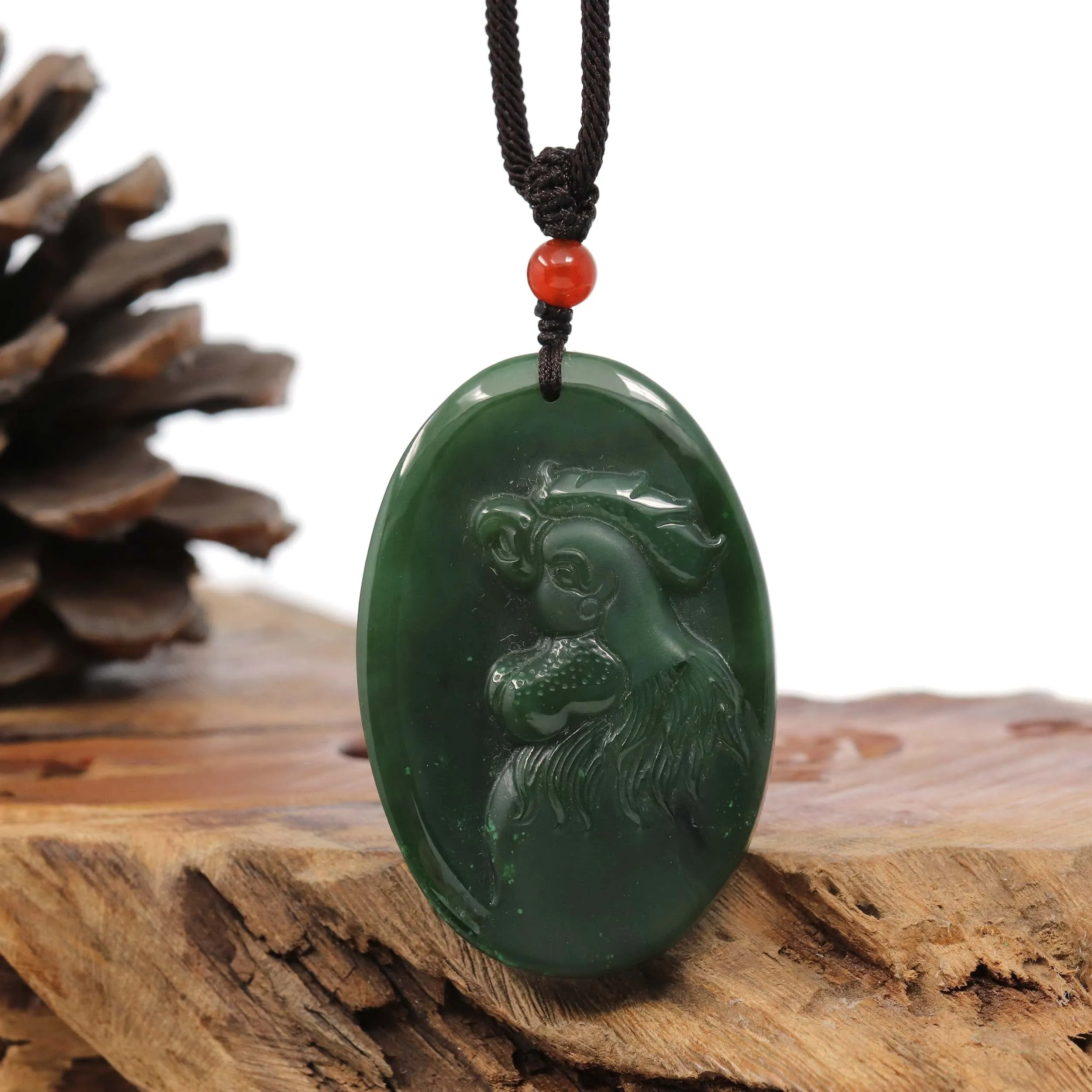 Natural Jade 12 Zodiac: Nephrite Jade Rooster Pendant Necklace in Deep Green