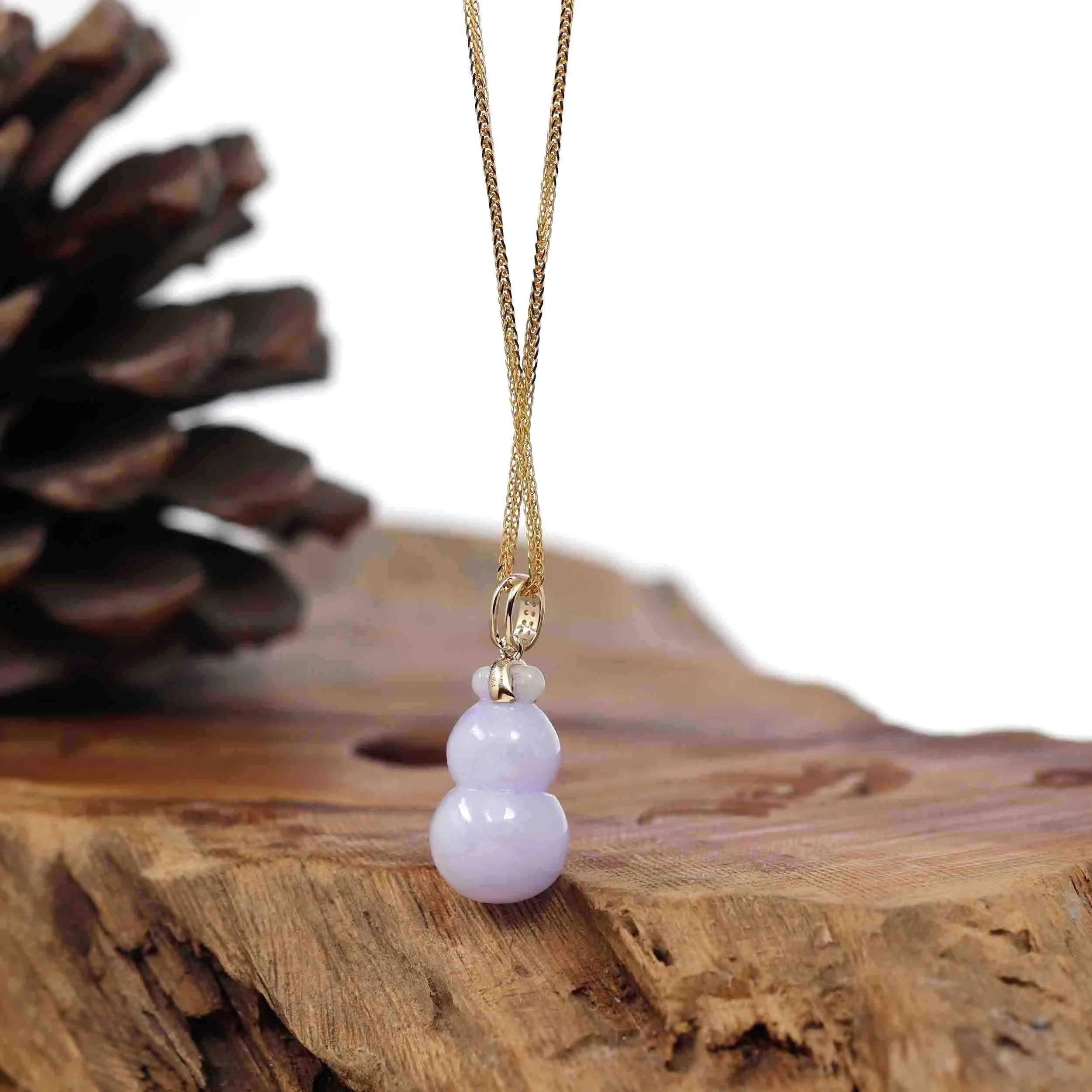 Natural Lavender Jadeite Jade "Magic Bottle Gourd" Hulu Necklace With 14k Yellow Gold Diamond Bail