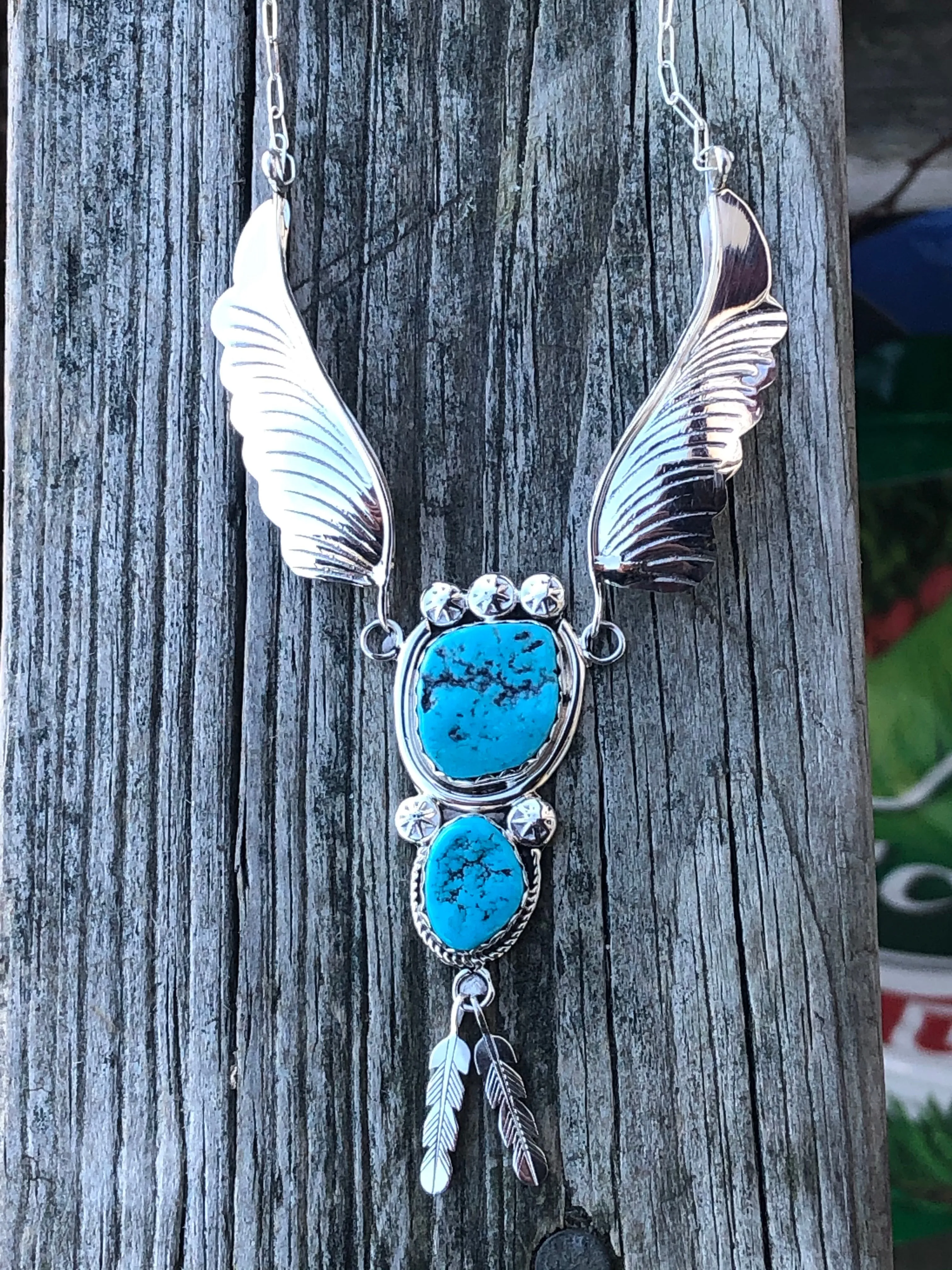 Navajo turquoise stone Leaf and feather Sterling necklace