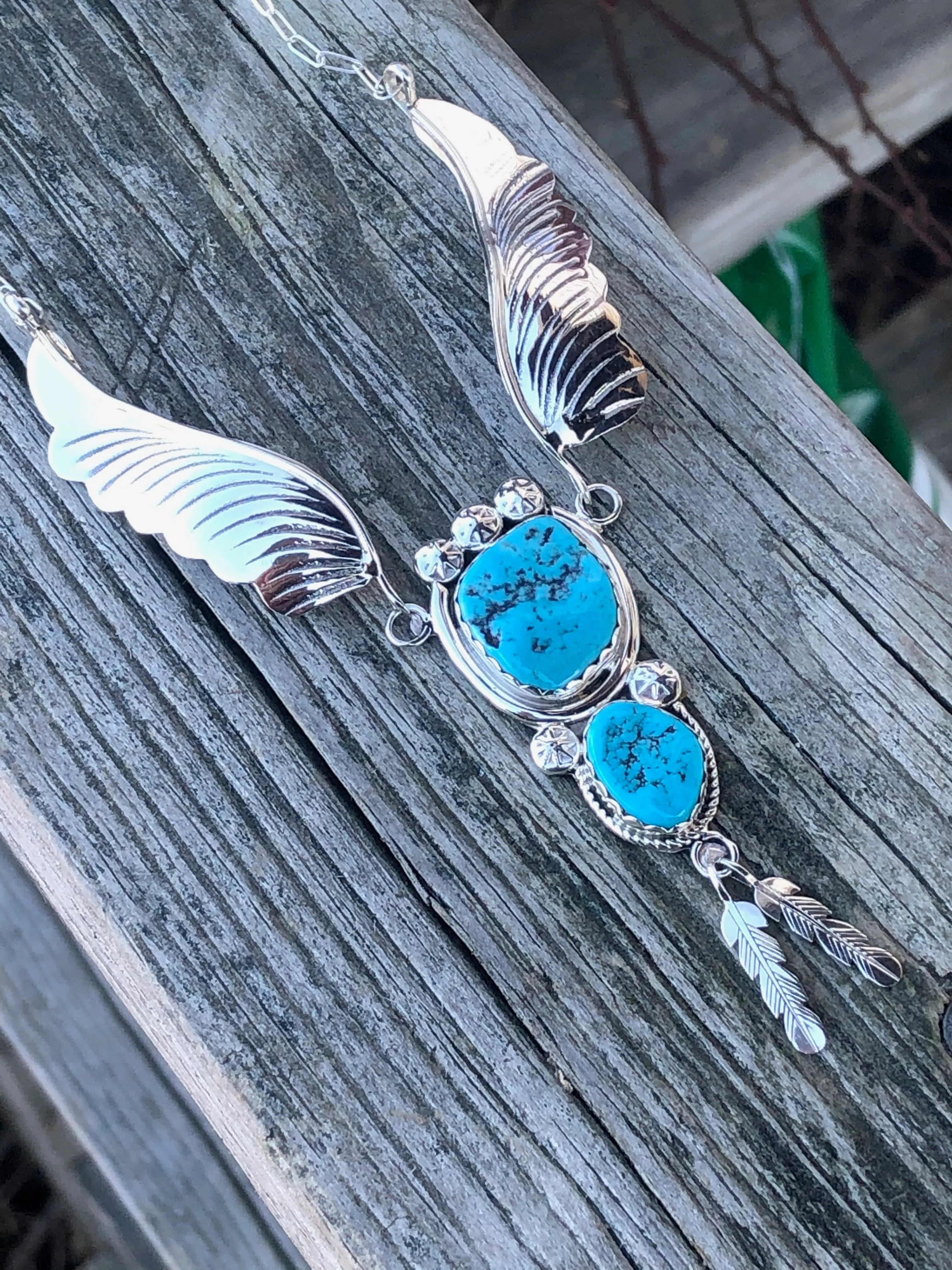 Navajo turquoise stone Leaf and feather Sterling necklace