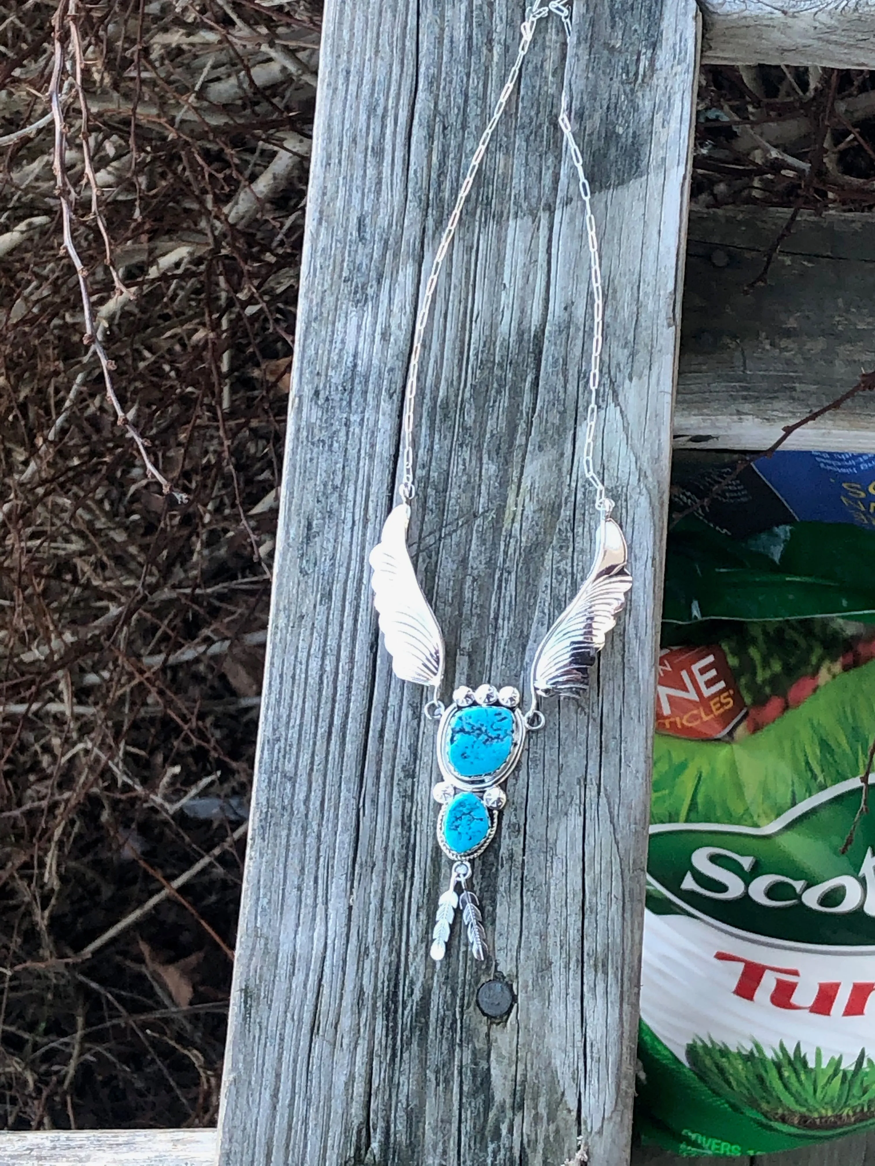 Navajo turquoise stone Leaf and feather Sterling necklace