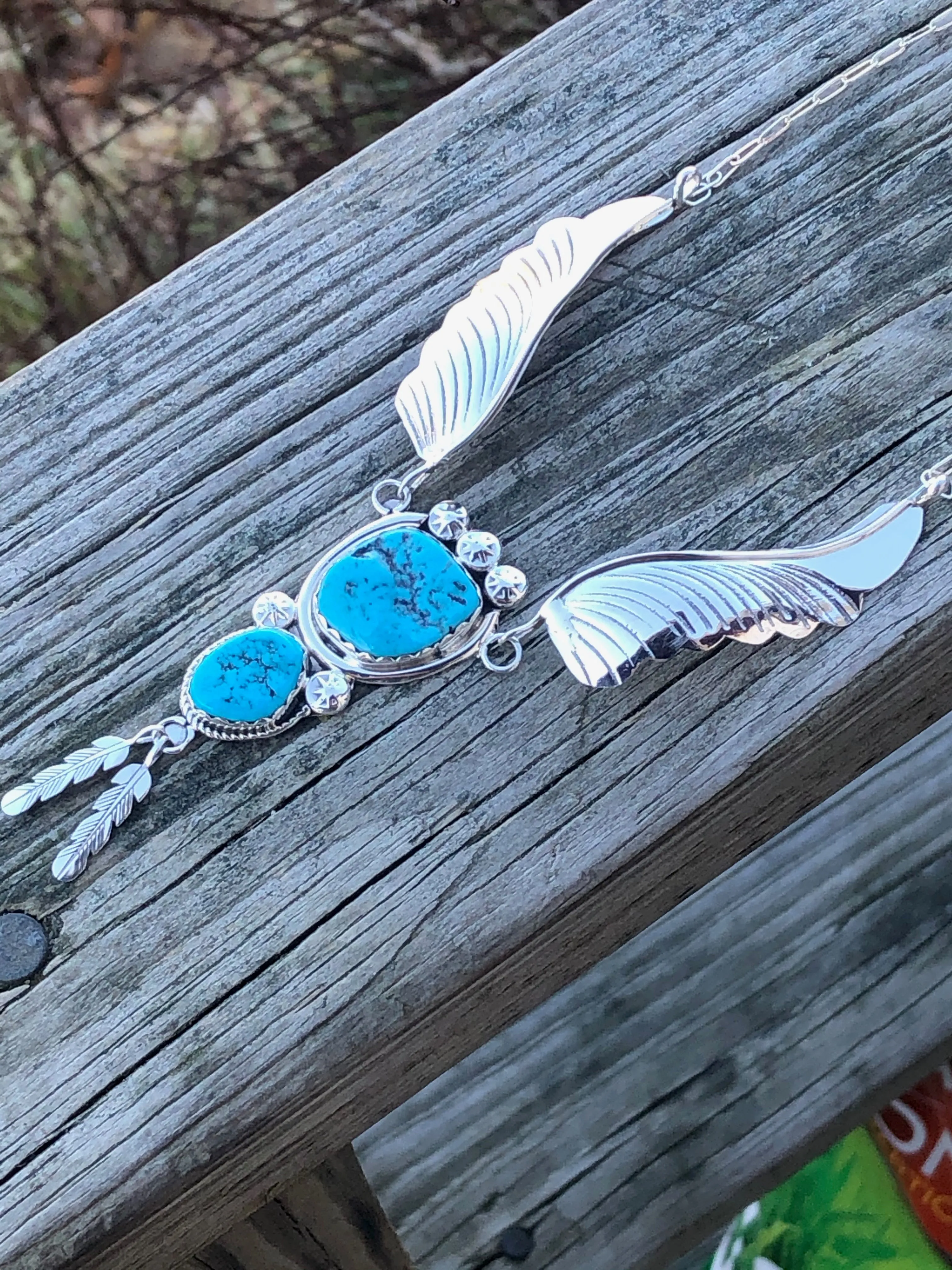 Navajo turquoise stone Leaf and feather Sterling necklace