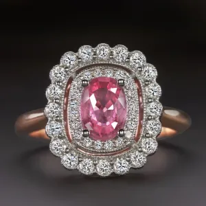 NO HEAT PINK SAPPHIRE DIAMOND COCKTAIL RING HALO VINTAGE STYLE ROSE WHITE GOLD