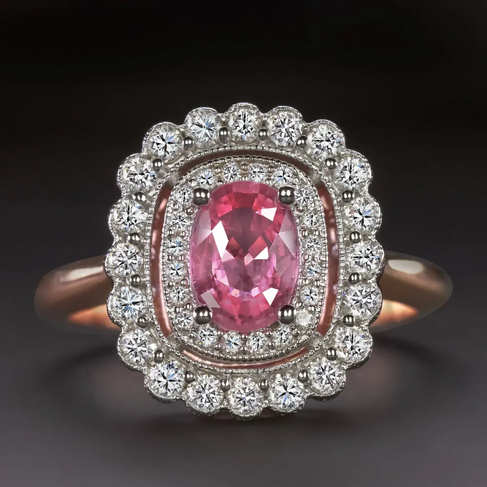 NO HEAT PINK SAPPHIRE DIAMOND COCKTAIL RING HALO VINTAGE STYLE ROSE WHITE GOLD