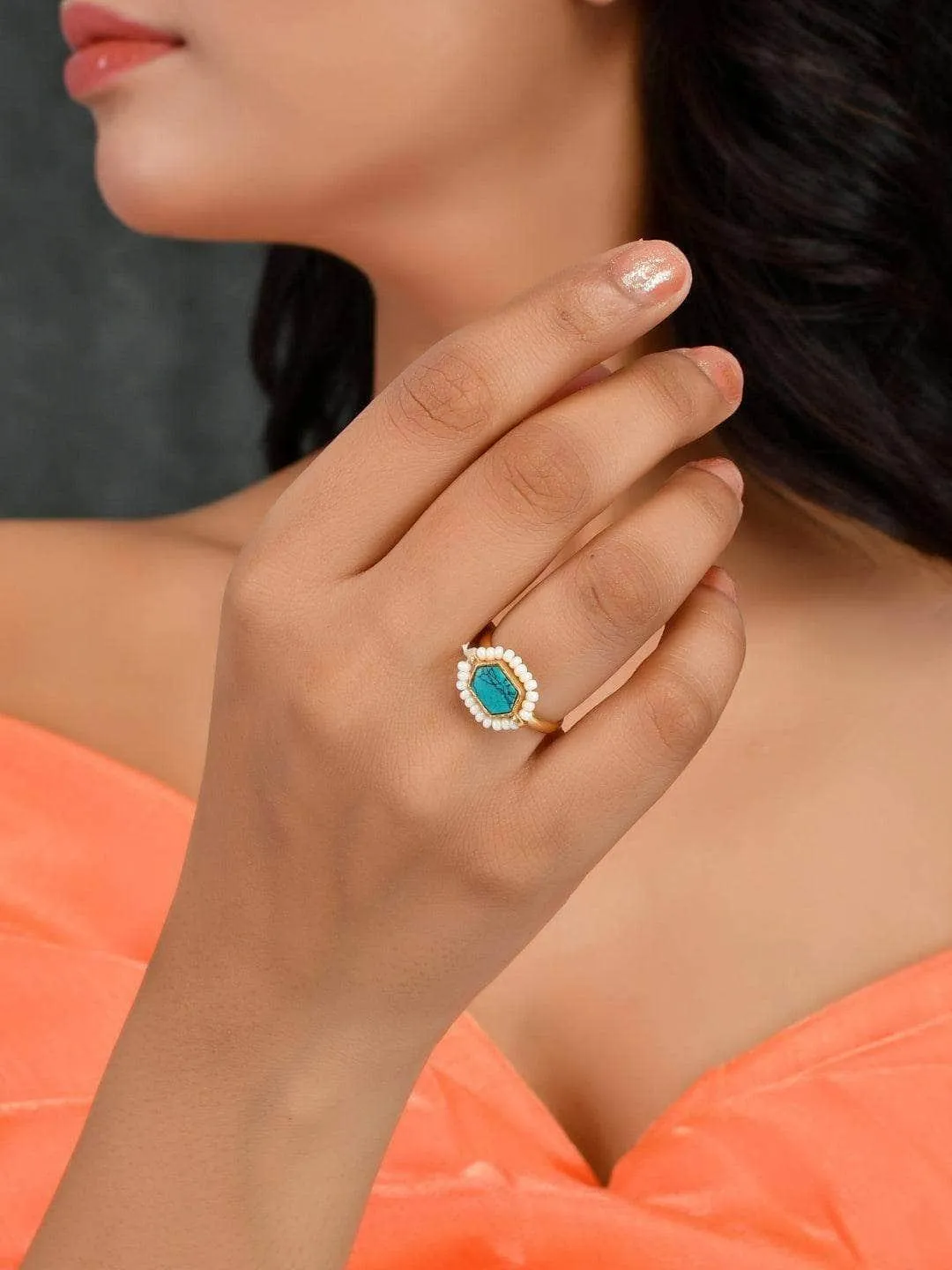 Oblong Kundan Pearl Ring Blue