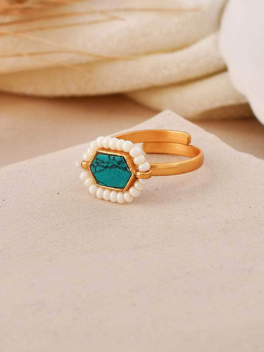 Oblong Kundan Pearl Ring Blue