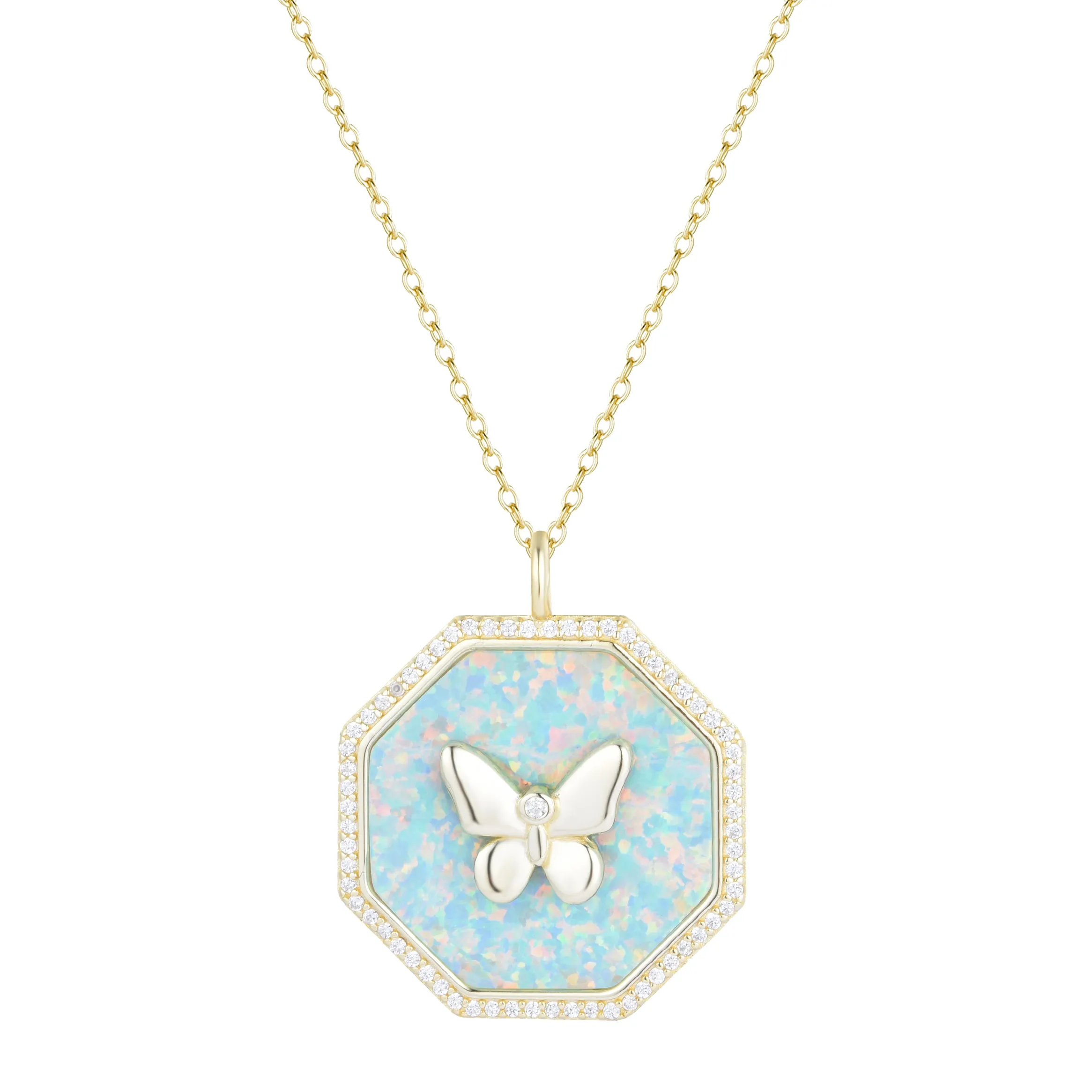 Octagon Butterfly Medallion Necklace - Opal