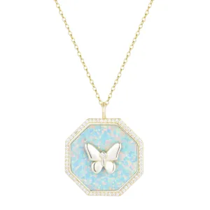 Octagon Butterfly Medallion Necklace - Opal