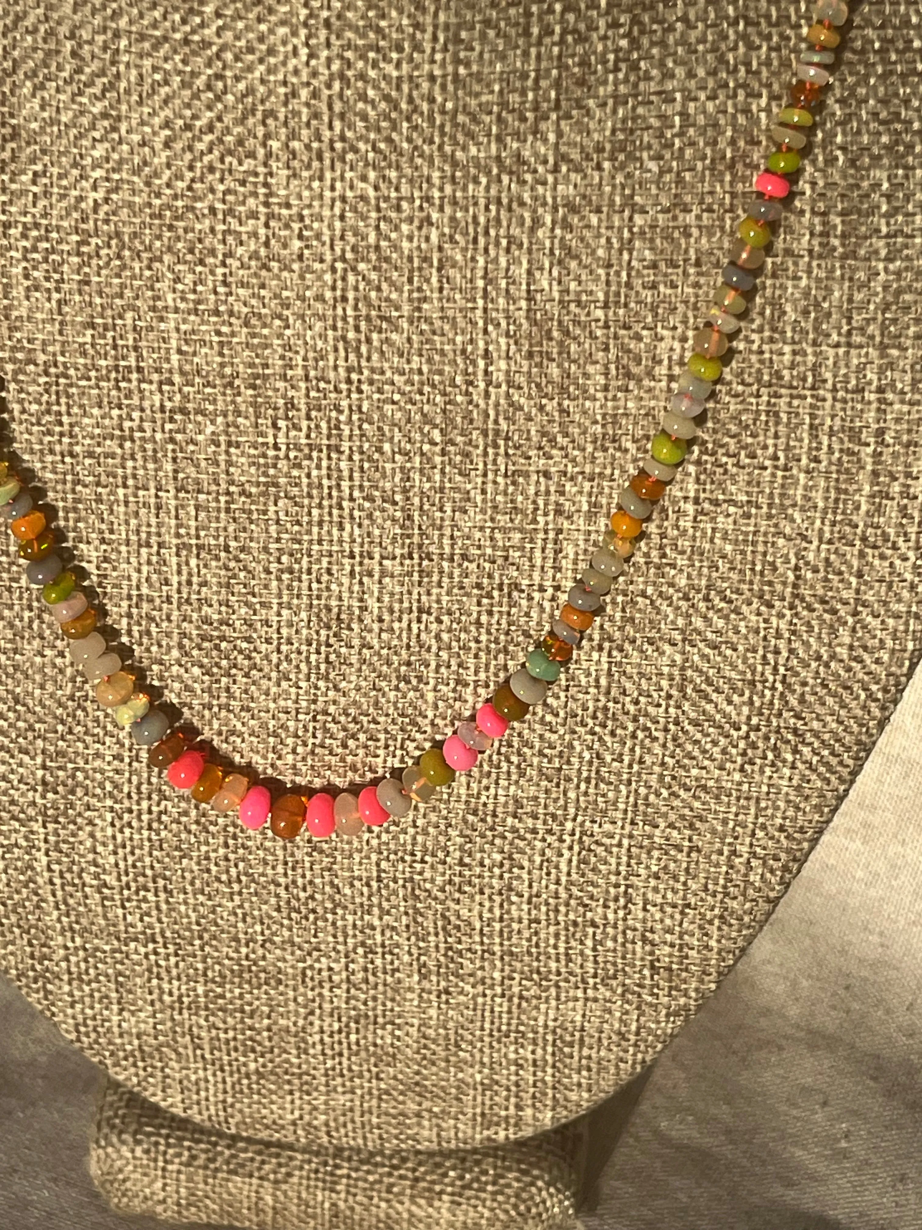 Opal gemstone necklace hand knotted with silk 14K yellow gold clasp*multi but pinks are dominant