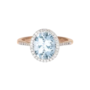 Oval Aquamarine and Diamond Halo Ring in 18k Rose Gold