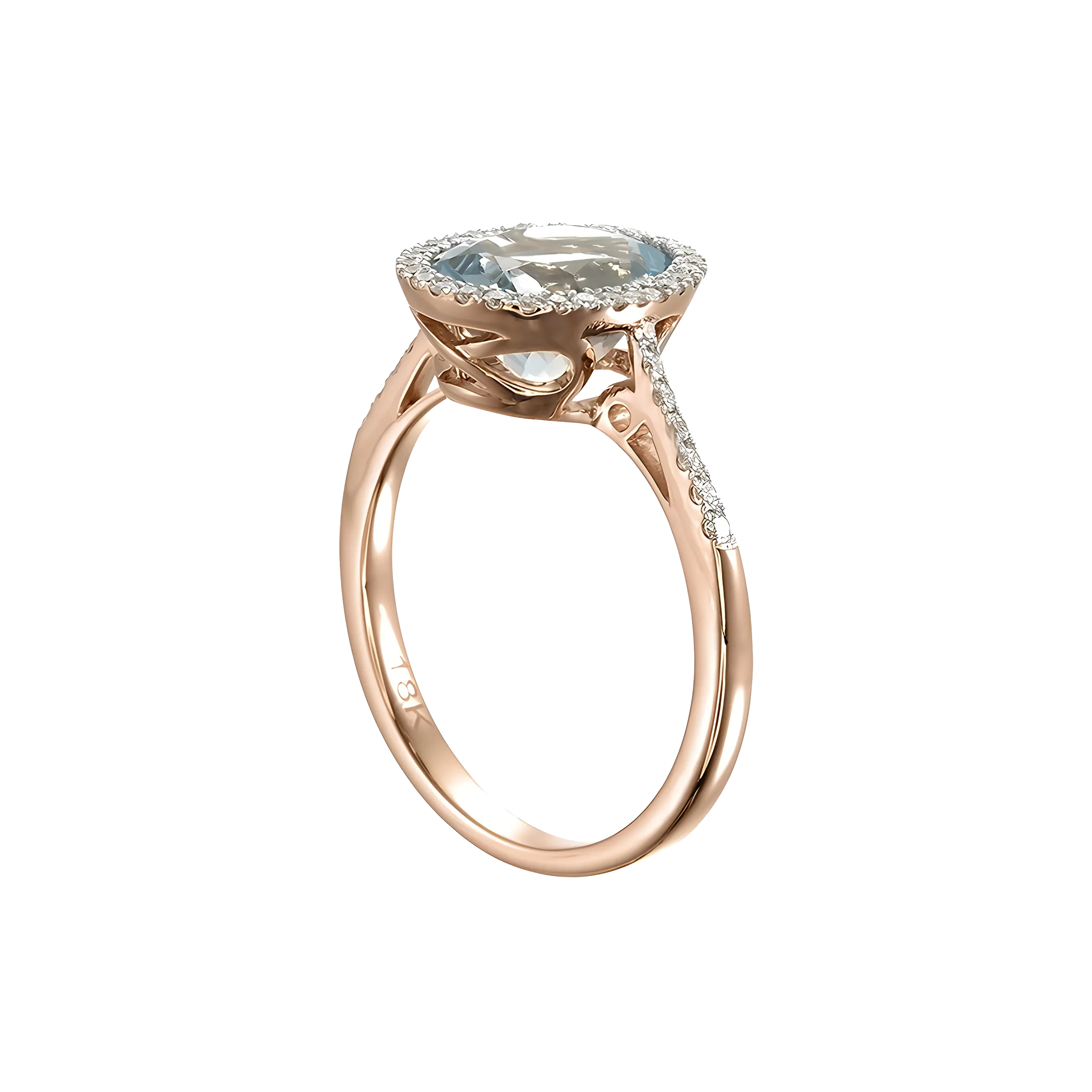 Oval Aquamarine and Diamond Halo Ring in 18k Rose Gold