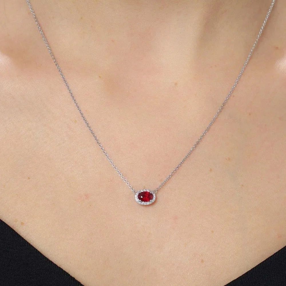 Oval Red Ruby With Diamond Halo Necklace (0.59 ct.) in 18K Gold