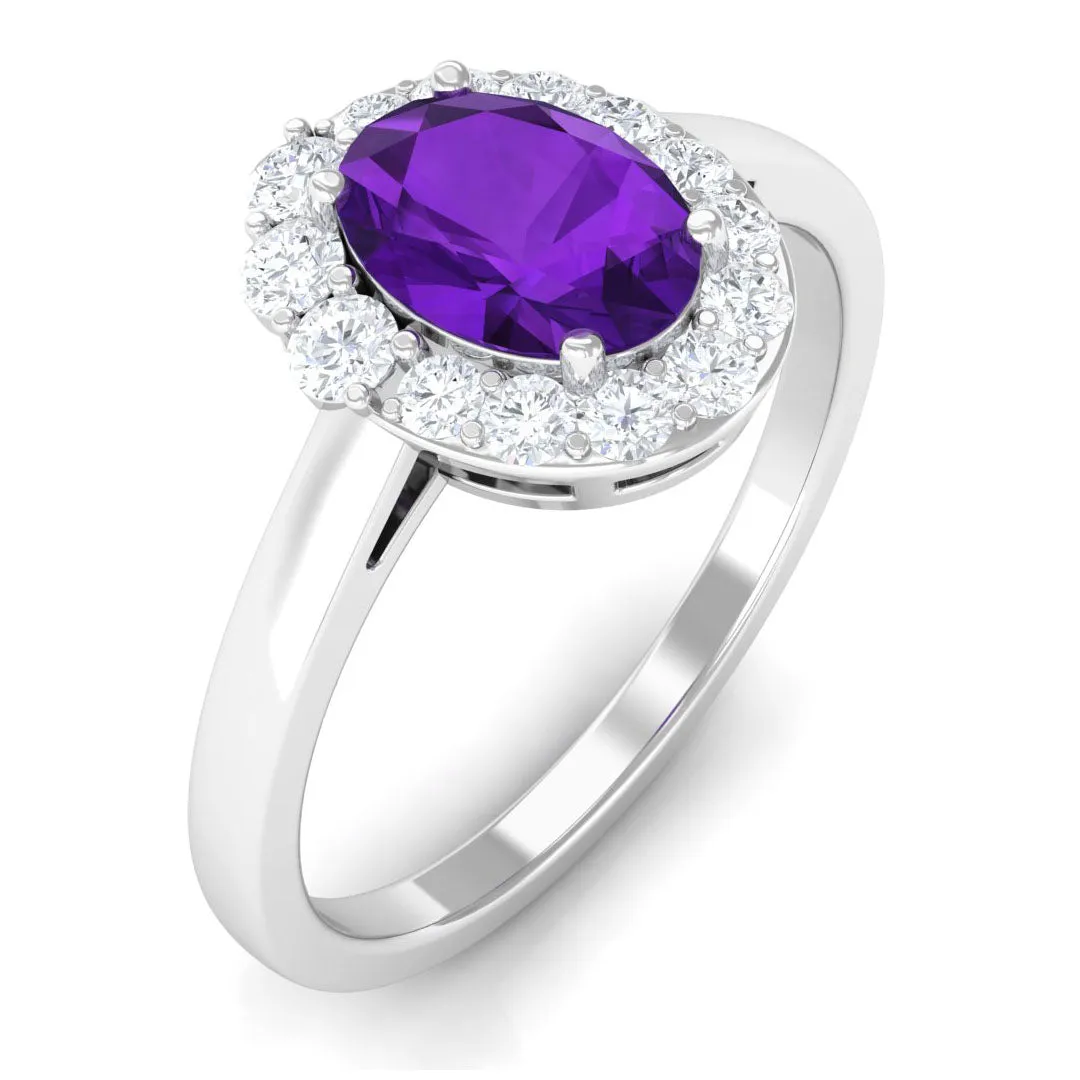 Oval Shape Amethyst and Diamond Classic Halo Engagement Ring