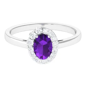 Oval Shape Amethyst and Diamond Classic Halo Engagement Ring