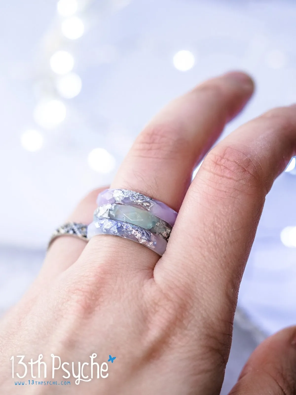 Pastel blue, purple and mint with silver flakes faceted resin ring set of 3