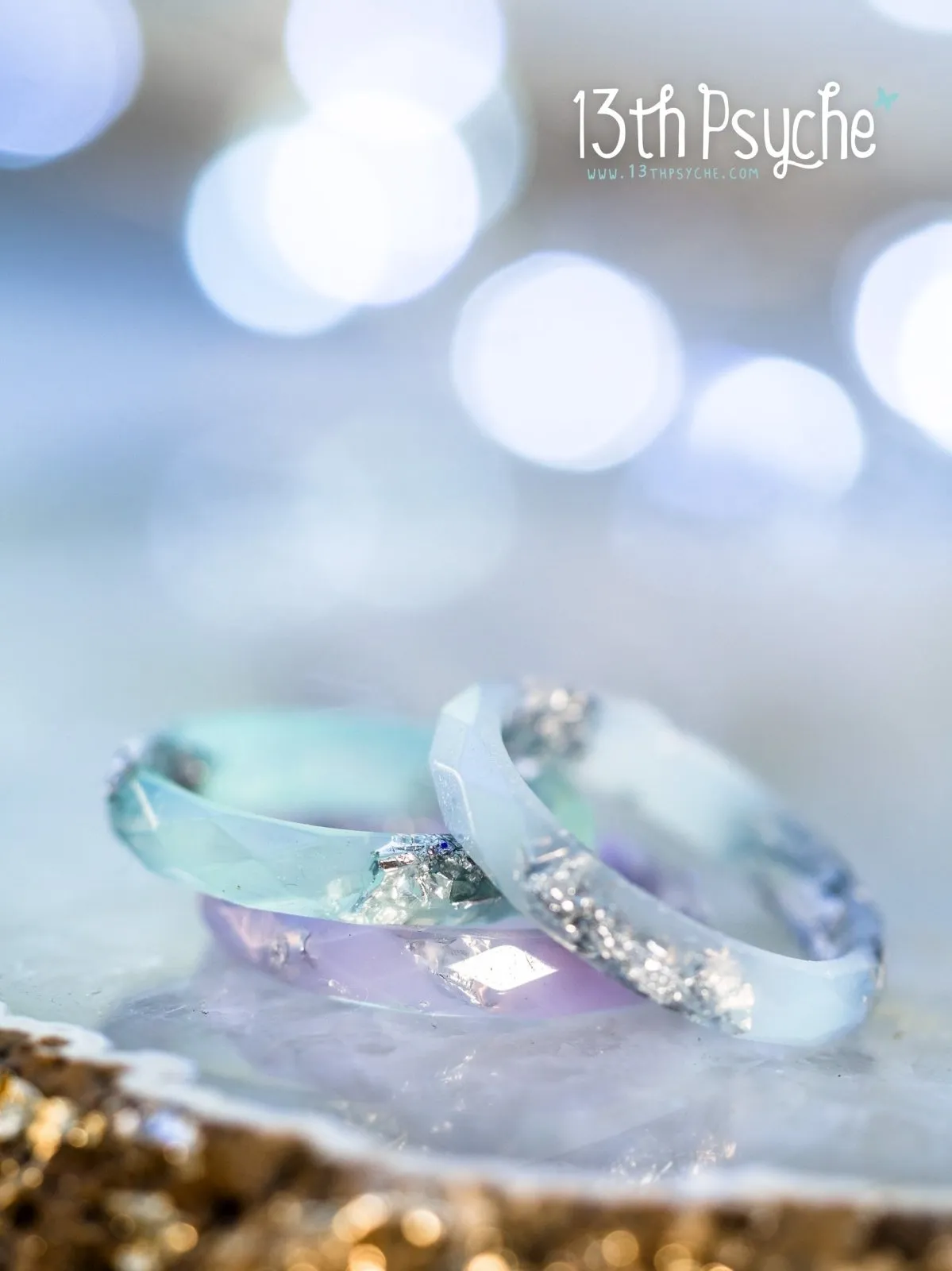 Pastel blue, purple and mint with silver flakes faceted resin ring set of 3