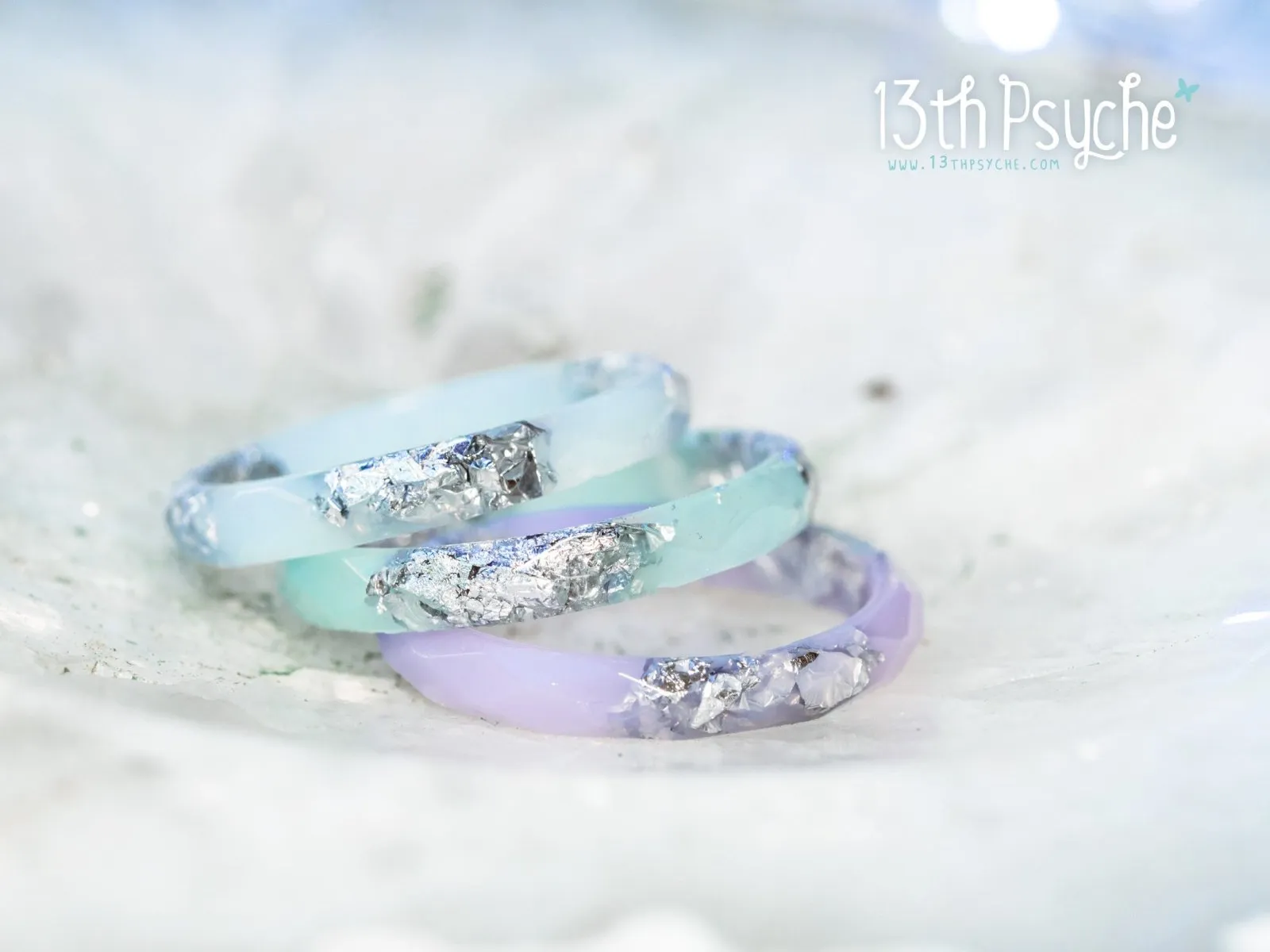 Pastel blue, purple and mint with silver flakes faceted resin ring set of 3