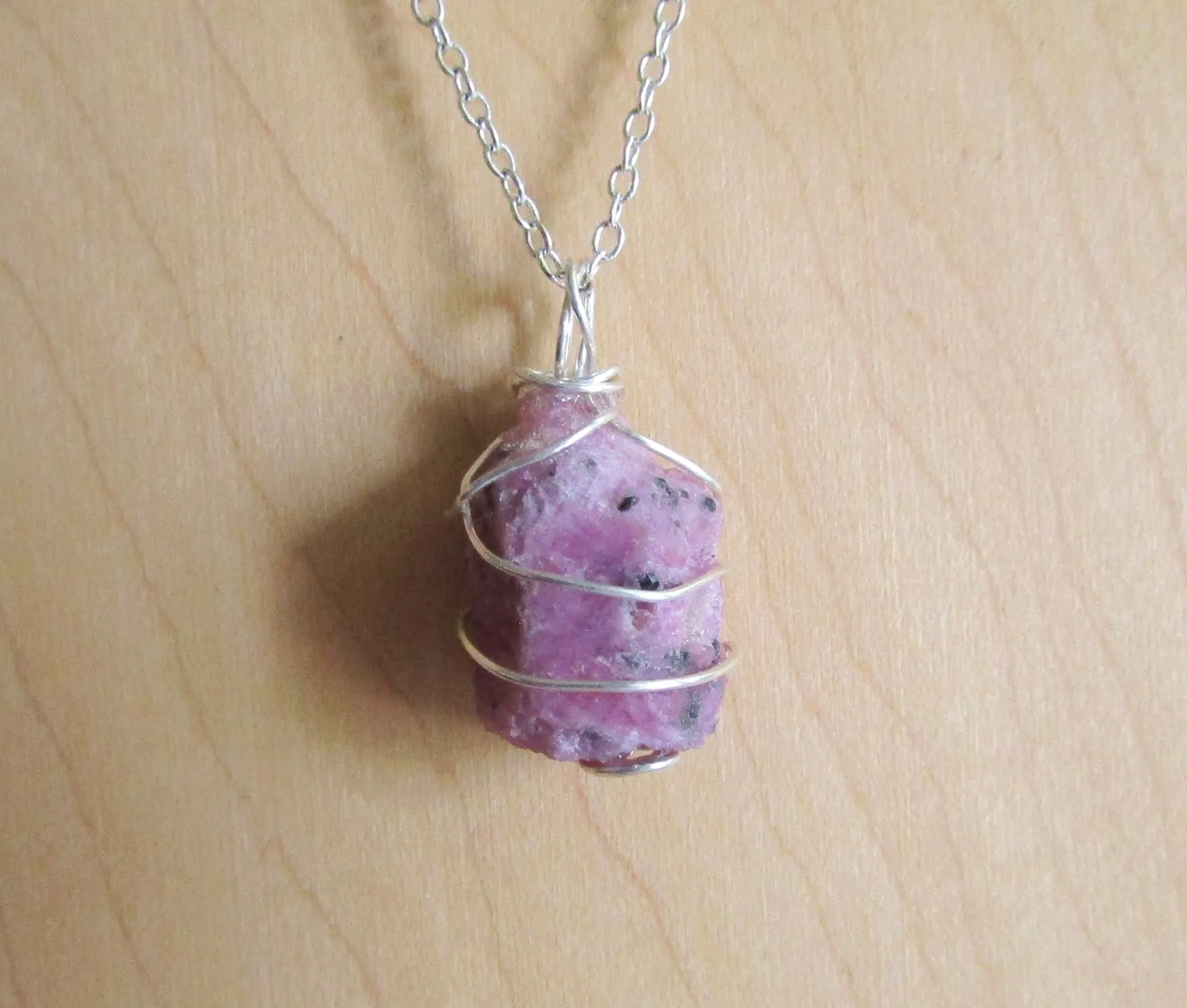 Pink Ruby Raw Natural Gemstone Crystal Pendant Necklace