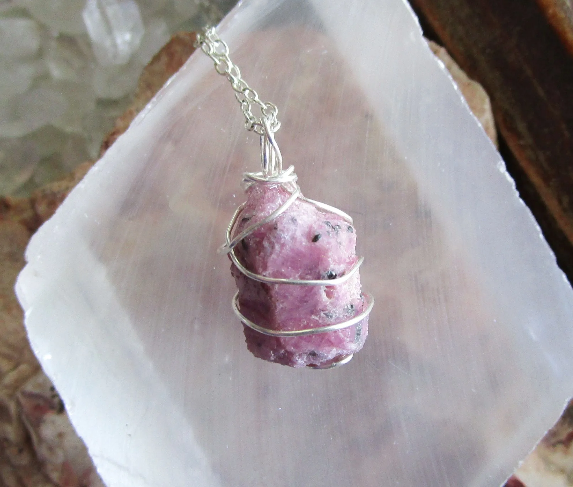 Pink Ruby Raw Natural Gemstone Crystal Pendant Necklace