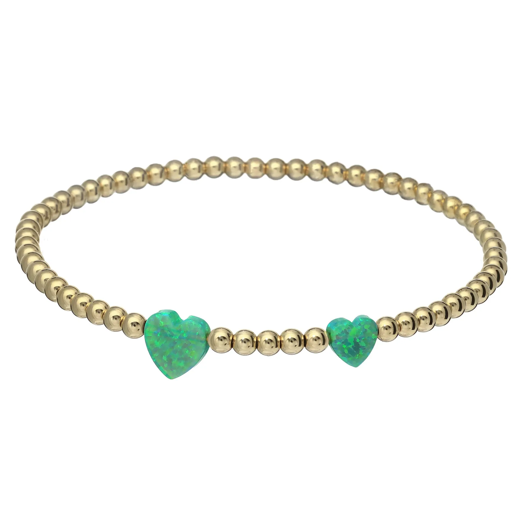 "DOUBLE OPAL HEART" Charm and Gold Filled Ball Beaded Bracelet