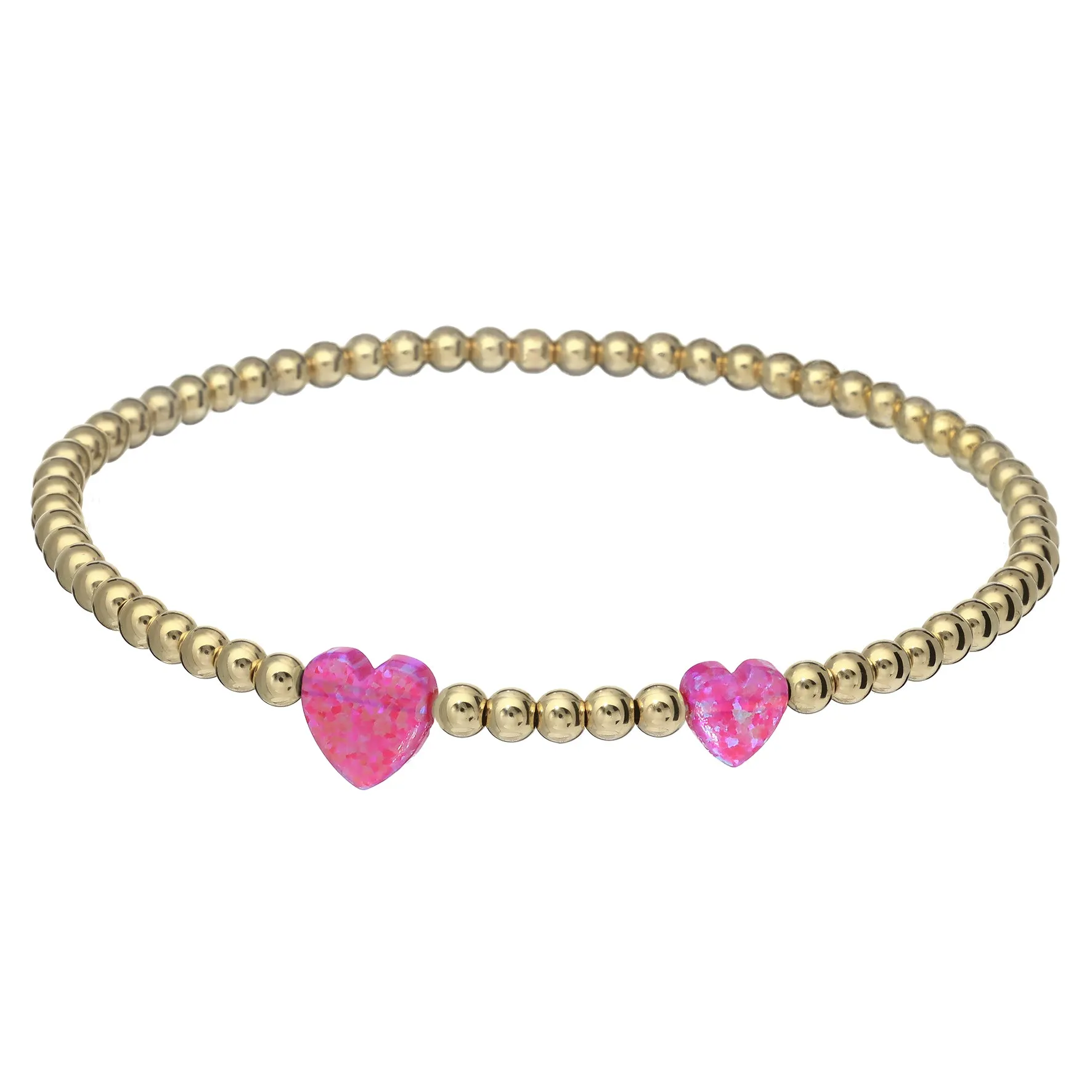 "DOUBLE OPAL HEART" Charm and Gold Filled Ball Beaded Bracelet