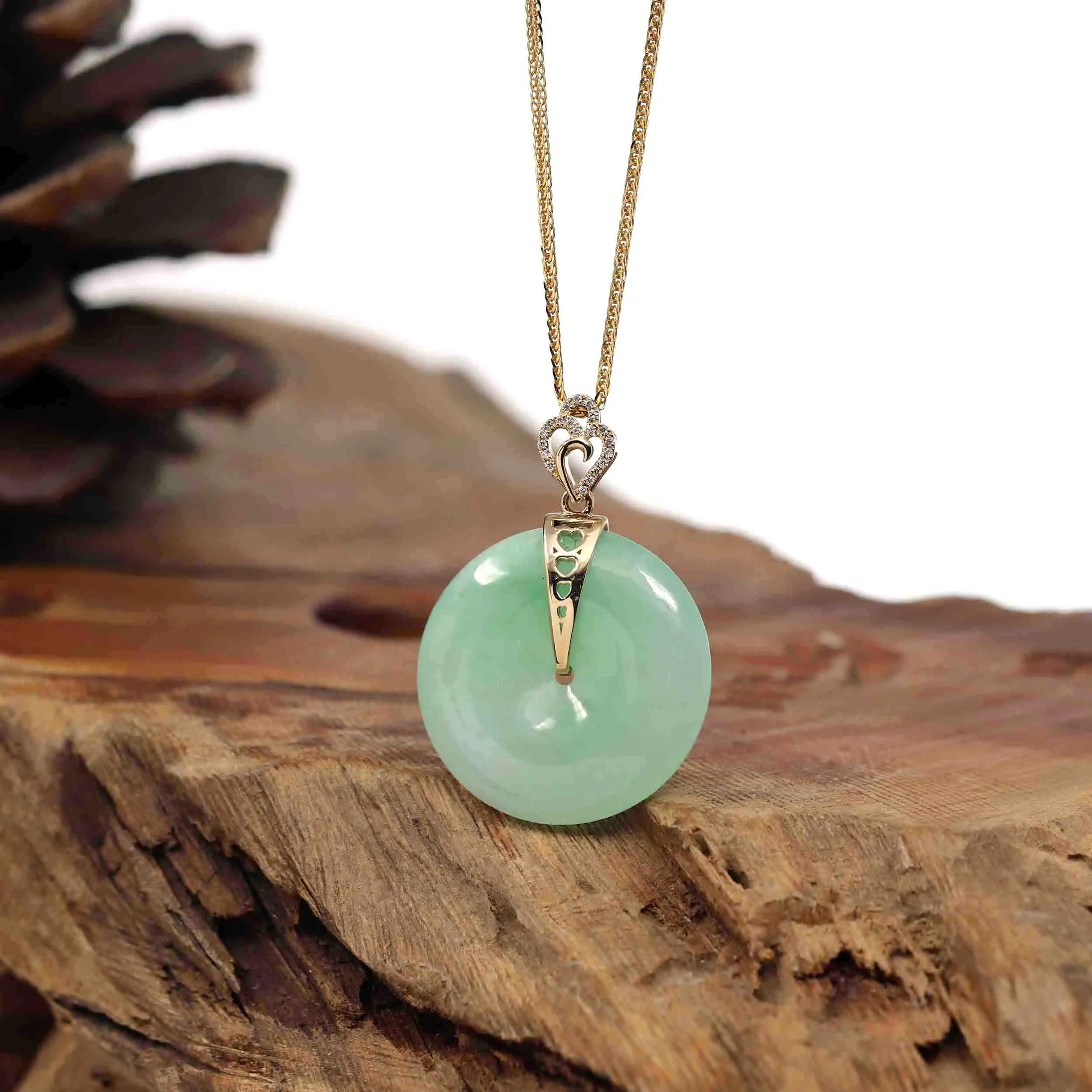 "Good Luck Button" Green Jadeite Jade Lucky KouKou Pendant With 14K Yellow Gold Diamond Bail