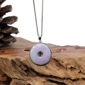 "Good Luck Button" Lavender Jadeite Jade Lucky KouKou Pendant With 14K White Gold Diamond Bail