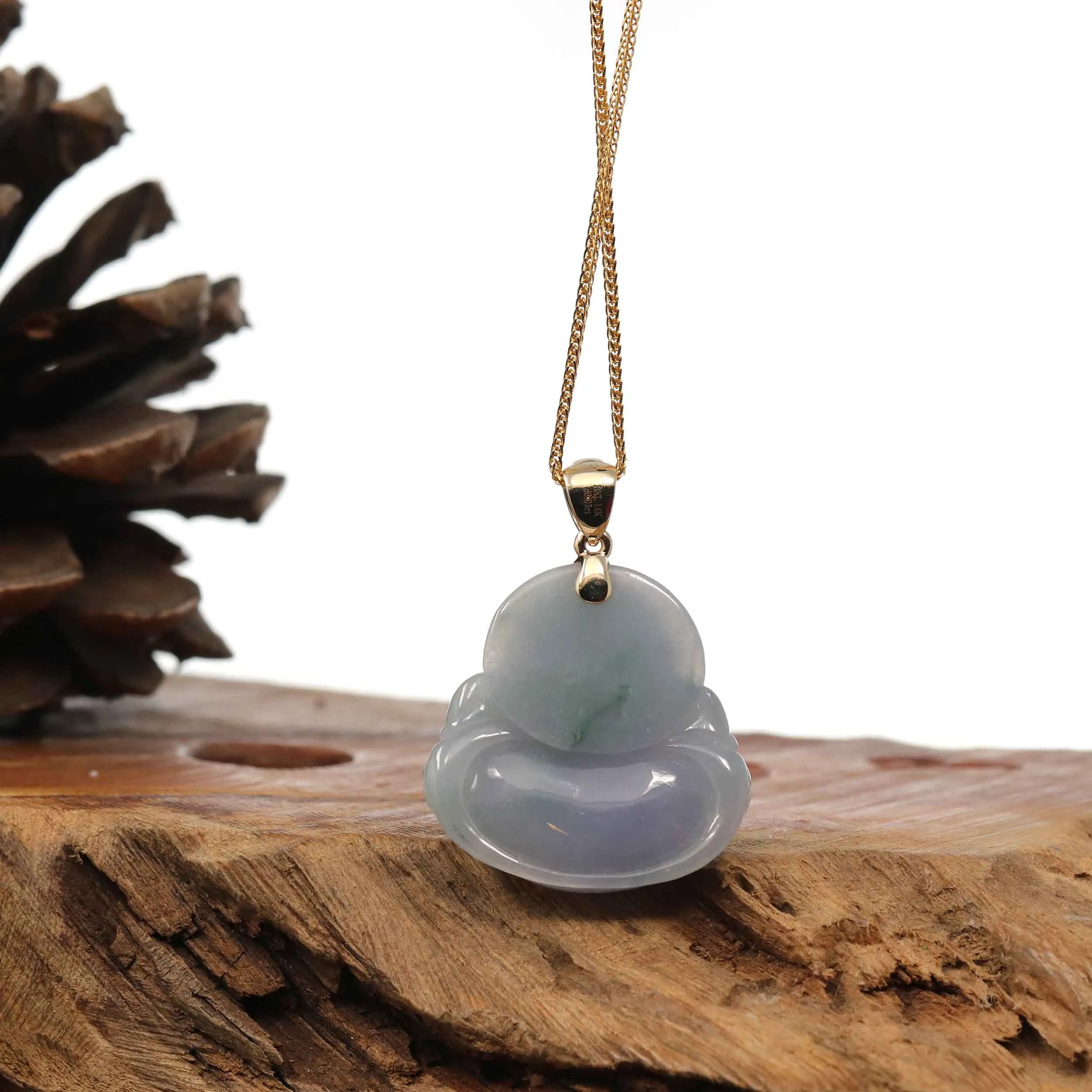 "Laughing Buddha" 14k Yellow Gold Lavender Jadeite Jade with VS1 Diamonds Bail